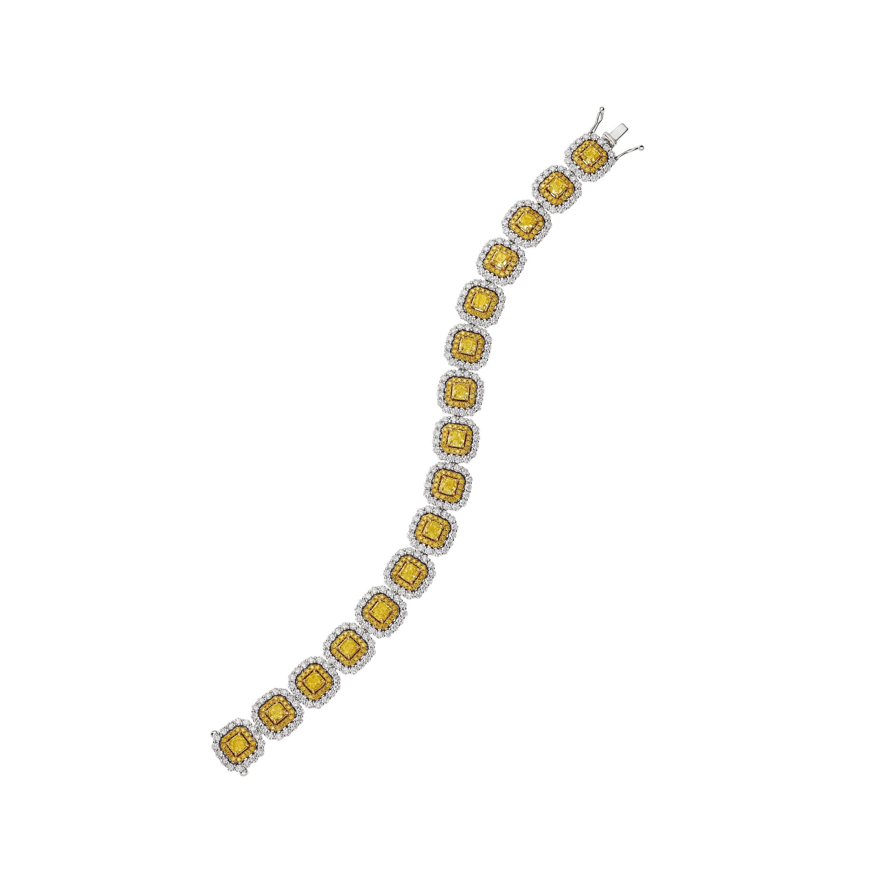 Cushion Cut Vivid Yellow Diamond Bracelet with Halo, 5 CT - LEVIEV