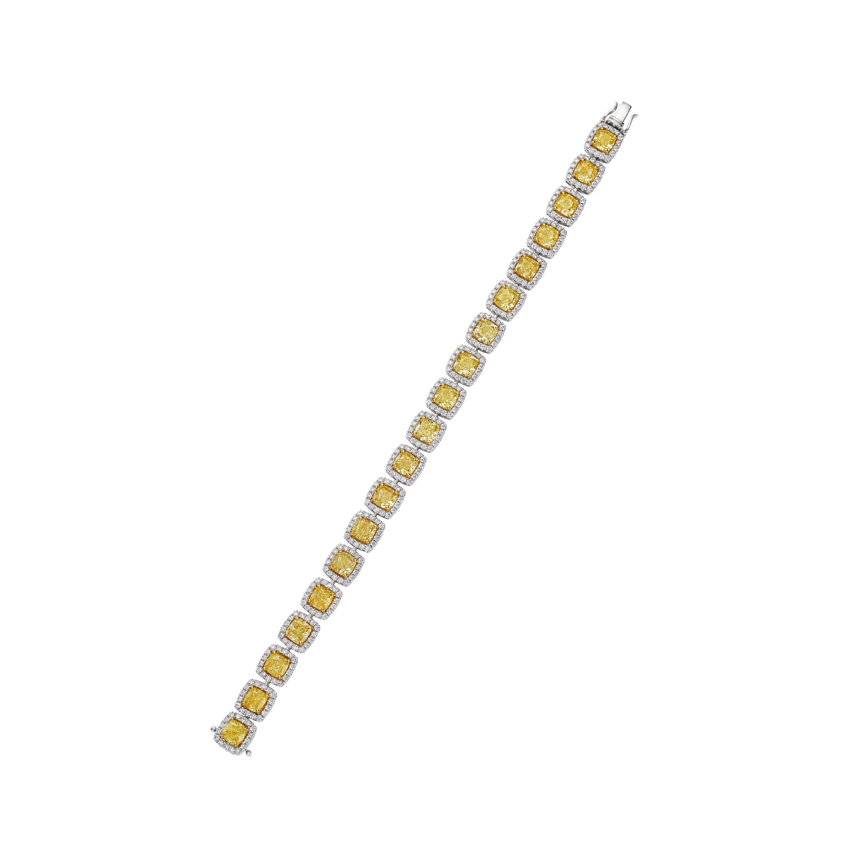Cushion Cut Fancy Yellow Diamond Bracelet with Halo, 19 CT - LEVIEV