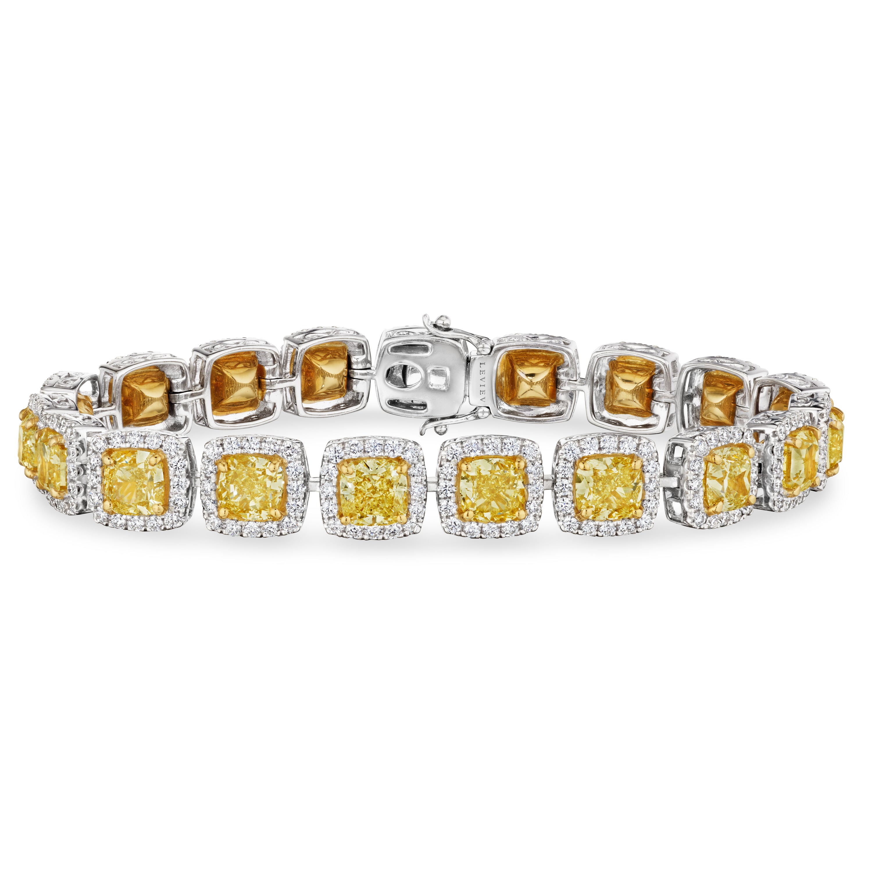 Cushion Cut Fancy Yellow Diamond Bracelet with Halo, 19 CT - LEVIEV
