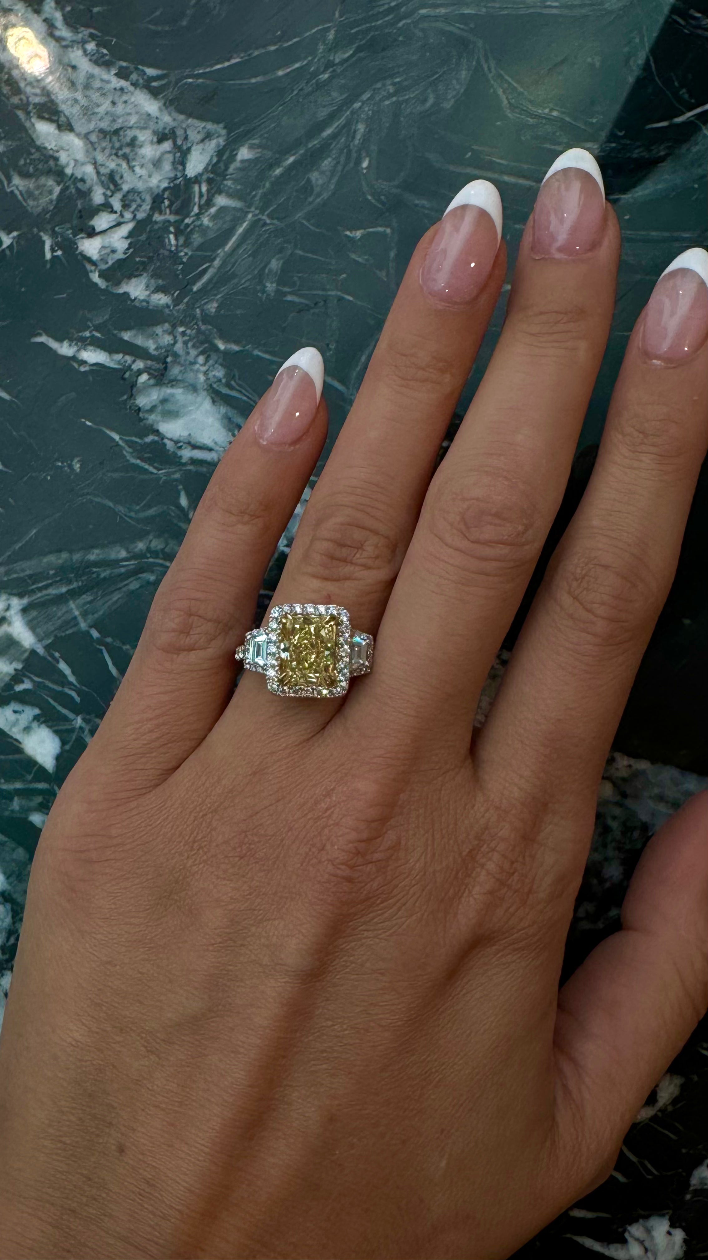 Fancy Yellow Diamond Ring with Halo and Trapezoids, 3 CT - LEVIEV