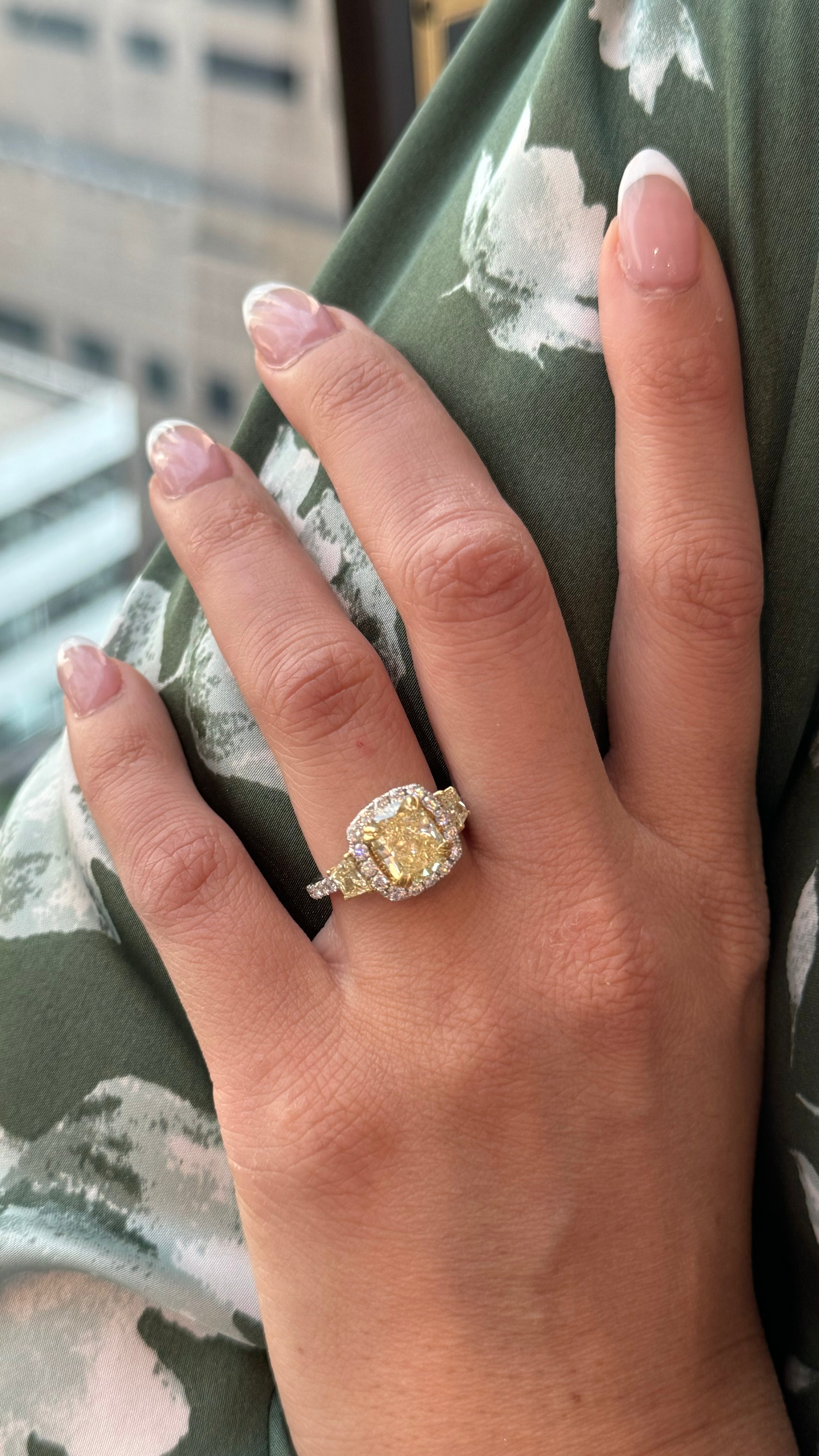 Cushion Cut Fancy Yellow Diamond Ring with Halo, 2 CT - LEVIEV