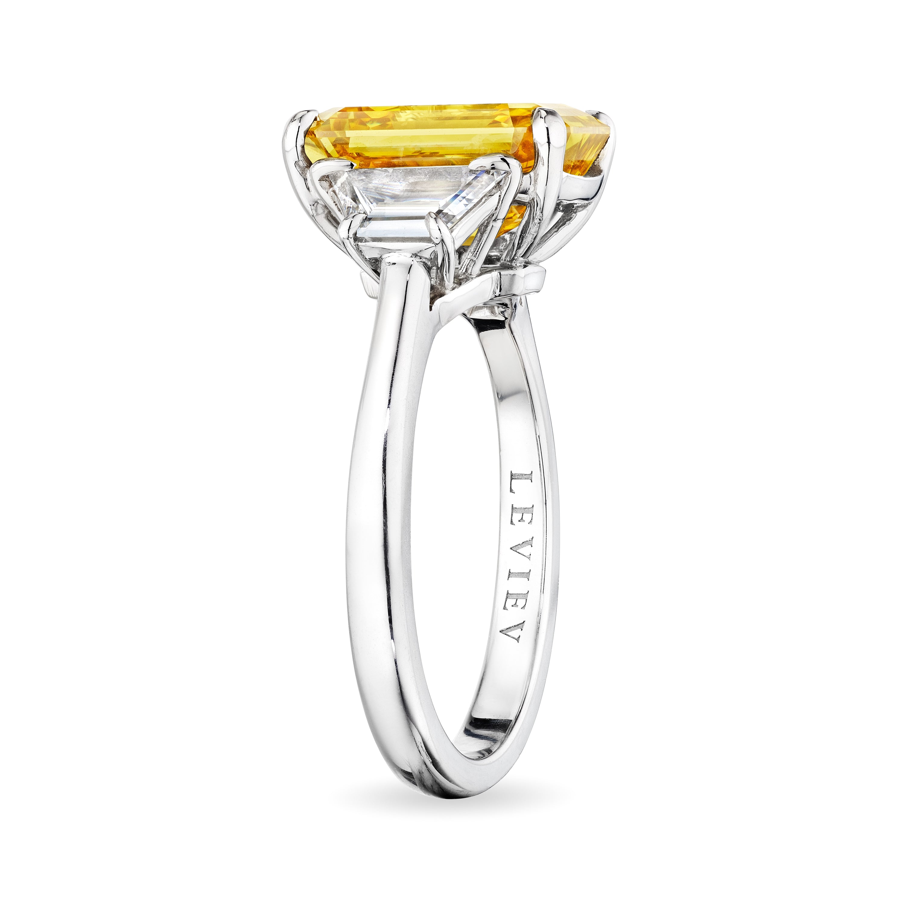 Emerald Cut Fancy Deep Brownish Yellow Diamond Ring with Trapezoids, 4 CT - LEVIEV