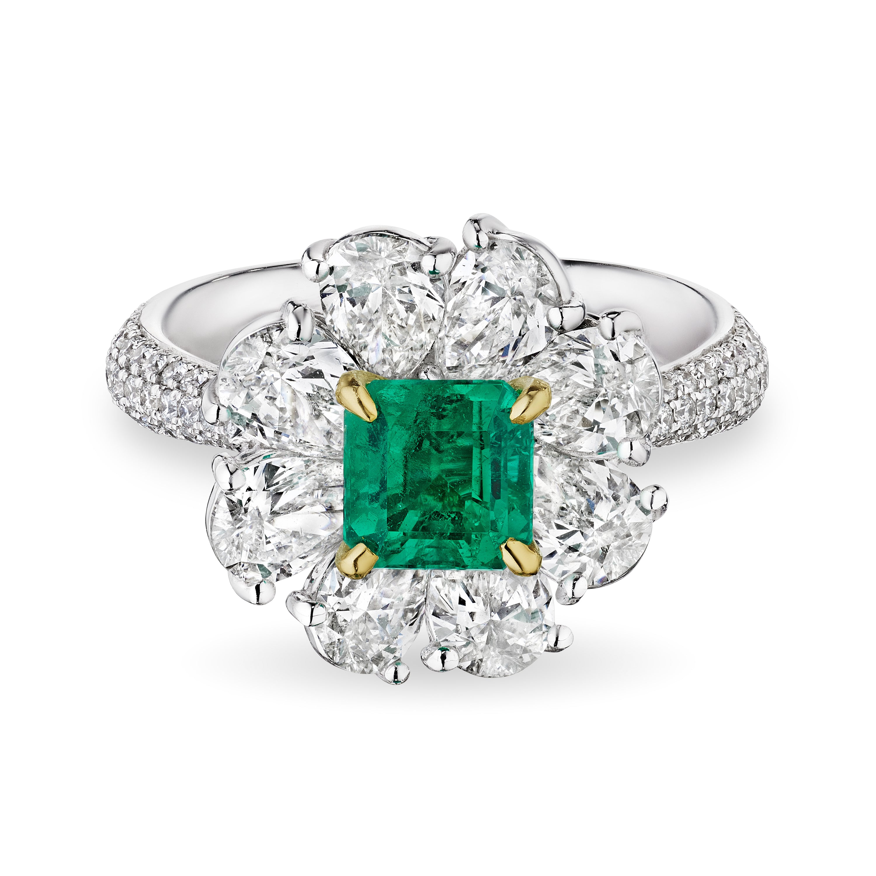 Square Green Emerald Cut Flower Ring, 2 CT - LEVIEV