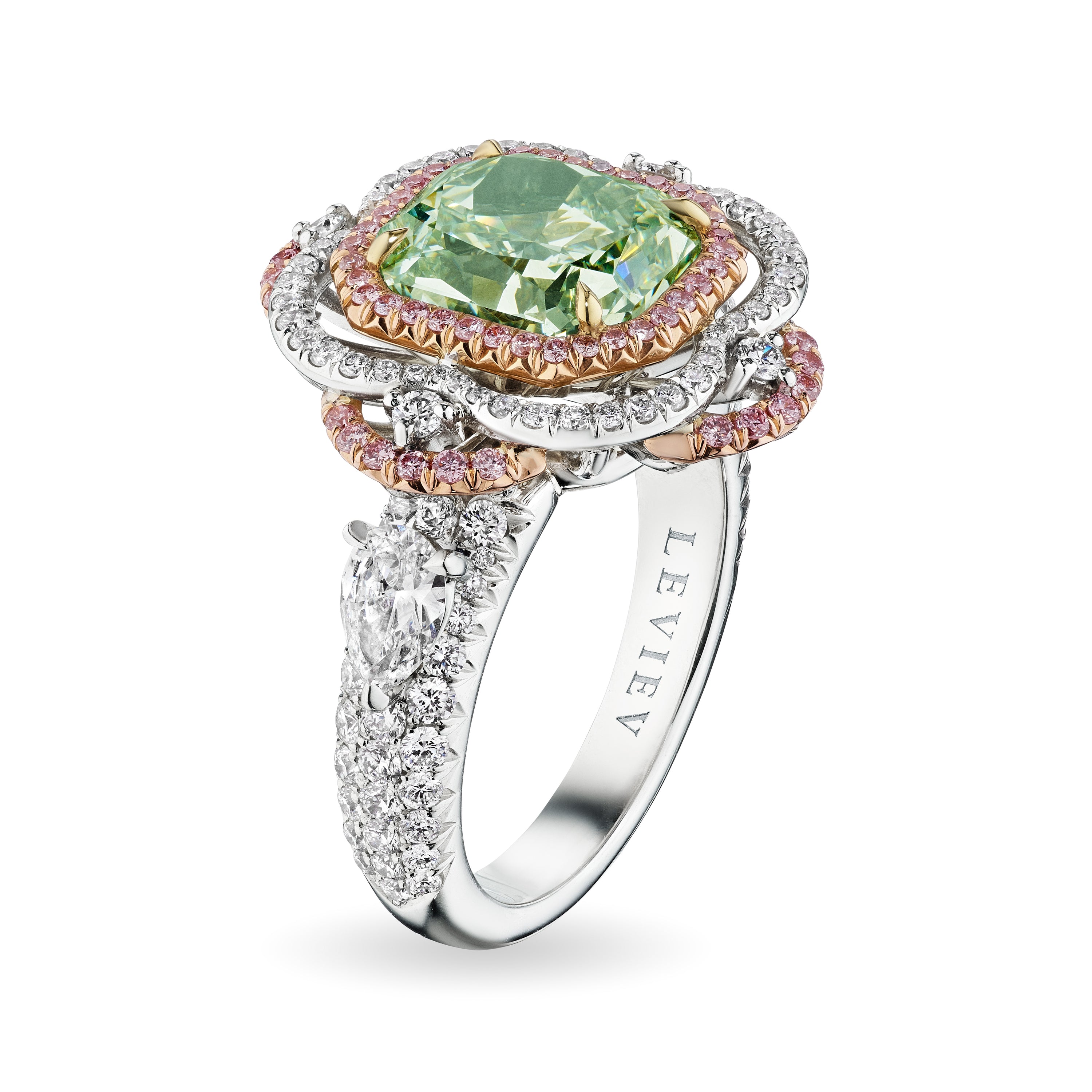 Radiant Shape Cut Fancy Green Diamond Ring,  3 CT - LEVIEV