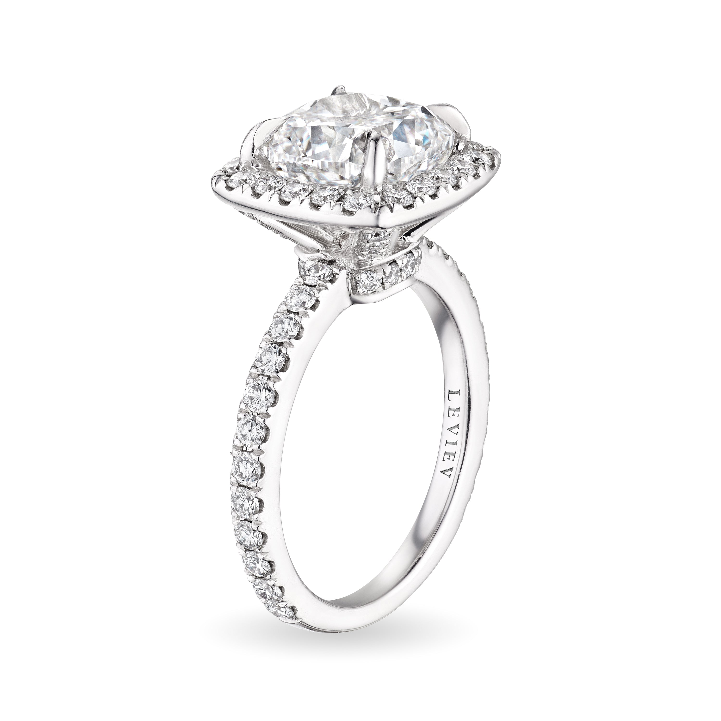 Cushion Cut Diamond Ring with Halo, 3.5 CT - LEVIEV