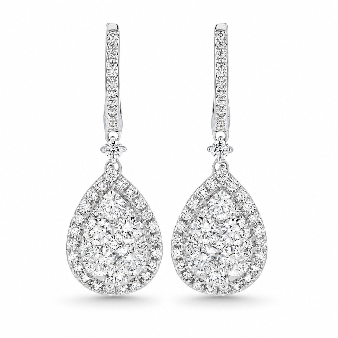 Leviev Seraphina pear-shaped diamond drop earrings in 18K white gold with pavé halo and floral center