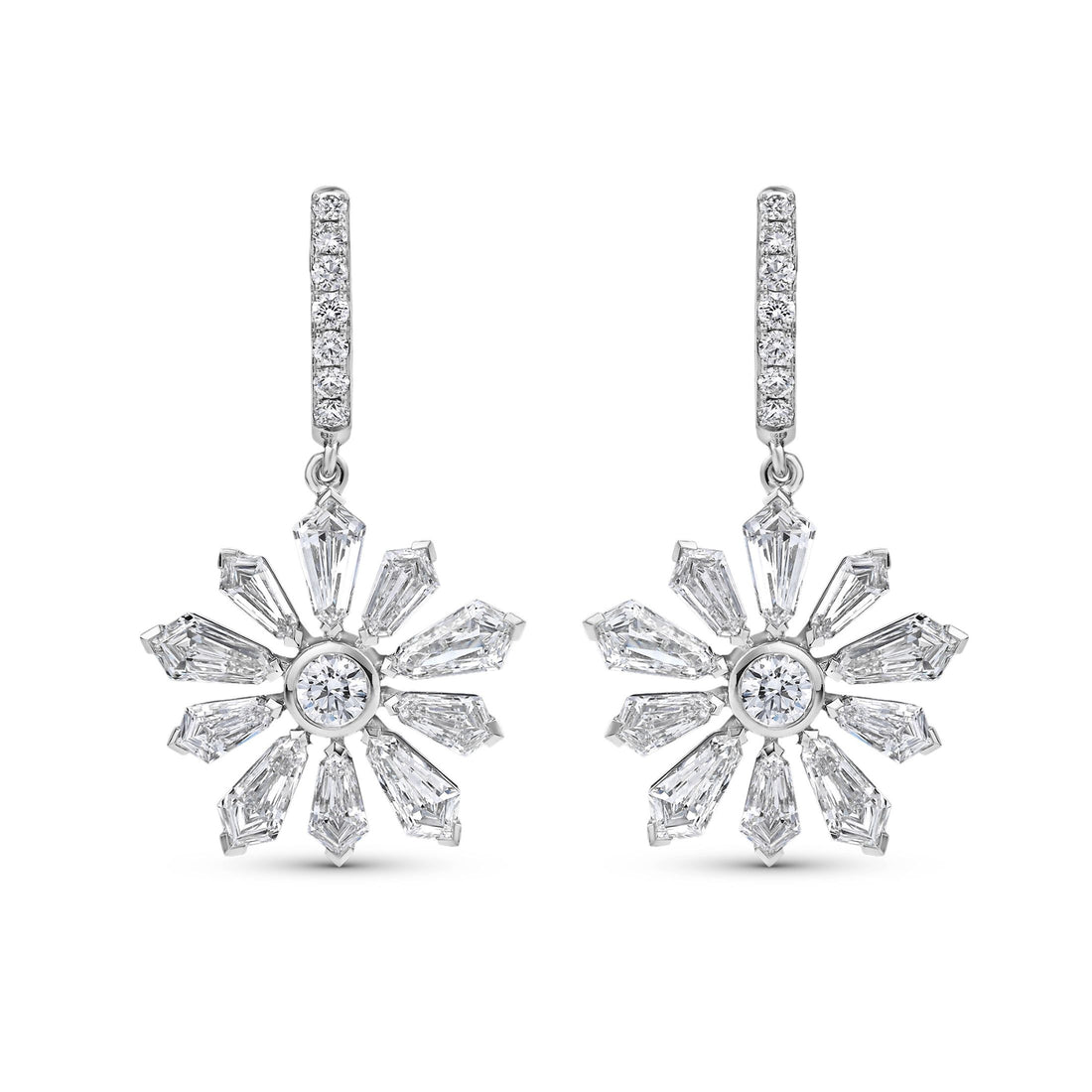 Leviev Winter Petal snowflake diamond drop earrings in 18K white gold with round center and baguette accents
