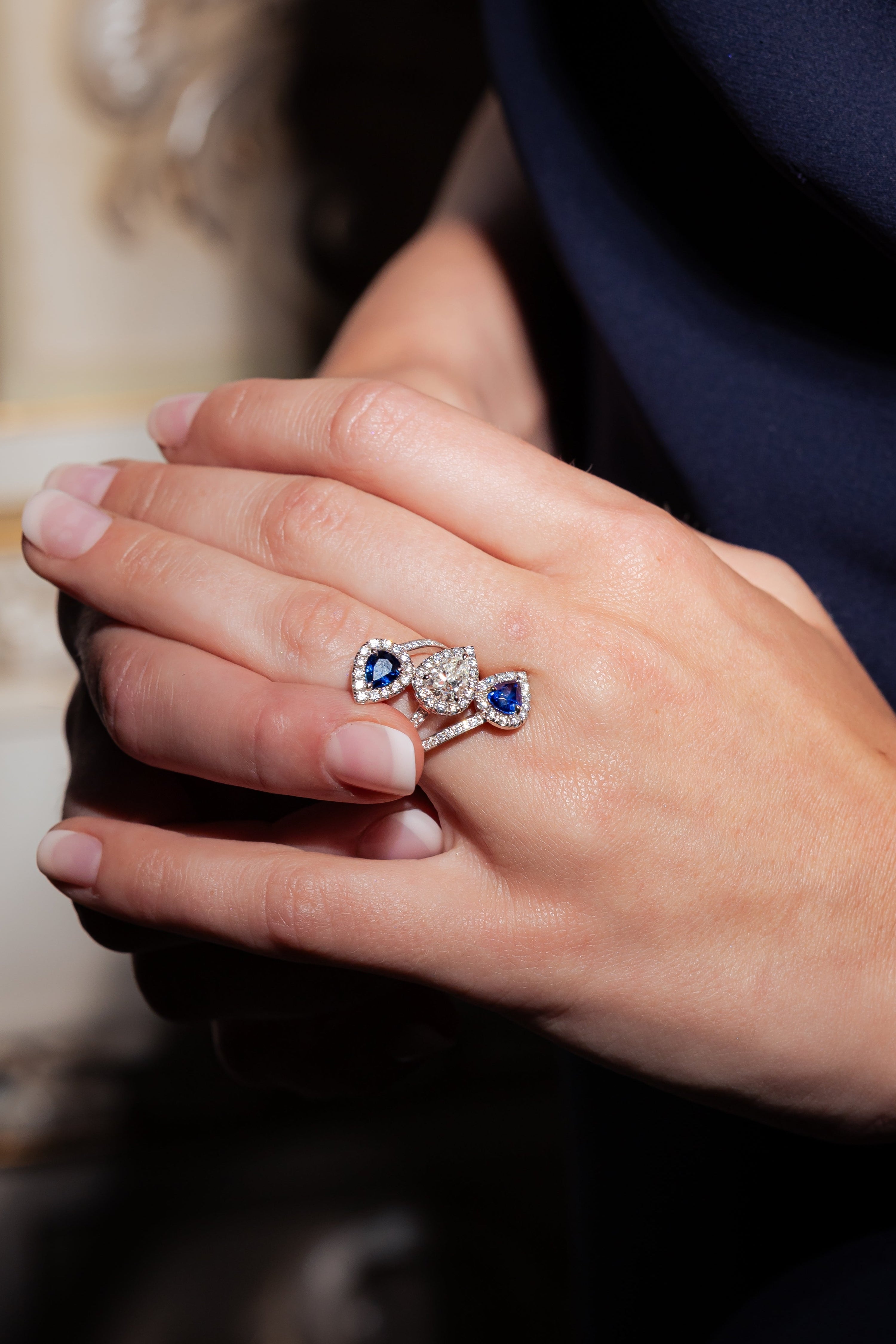 Pear Shape Diamond Spiral Ring with Sapphires, 0.8 CT - Rings - Leviev