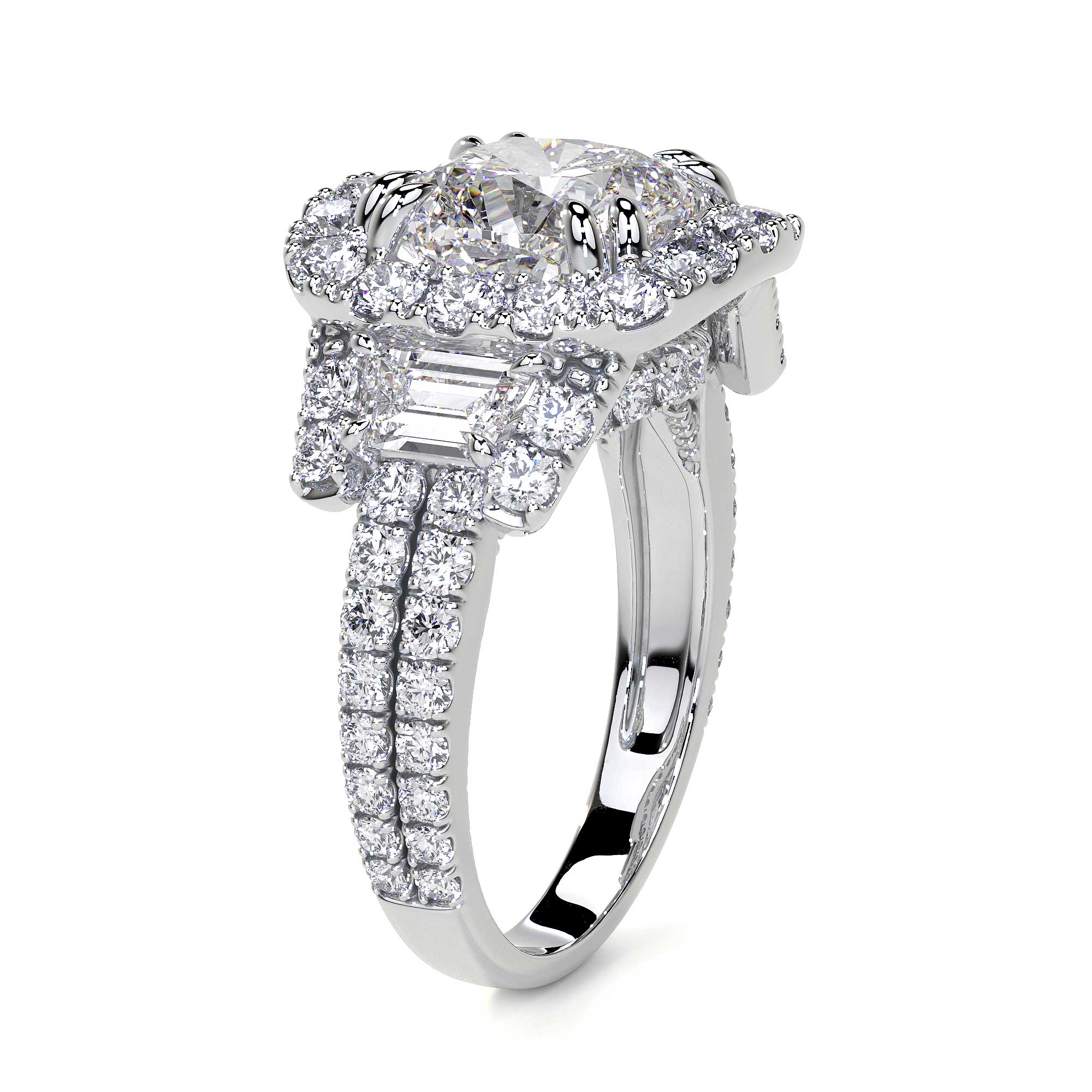 Cushion Cut 3 Stone Diamond Ring with Pave - Rings - Leviev Diamonds
