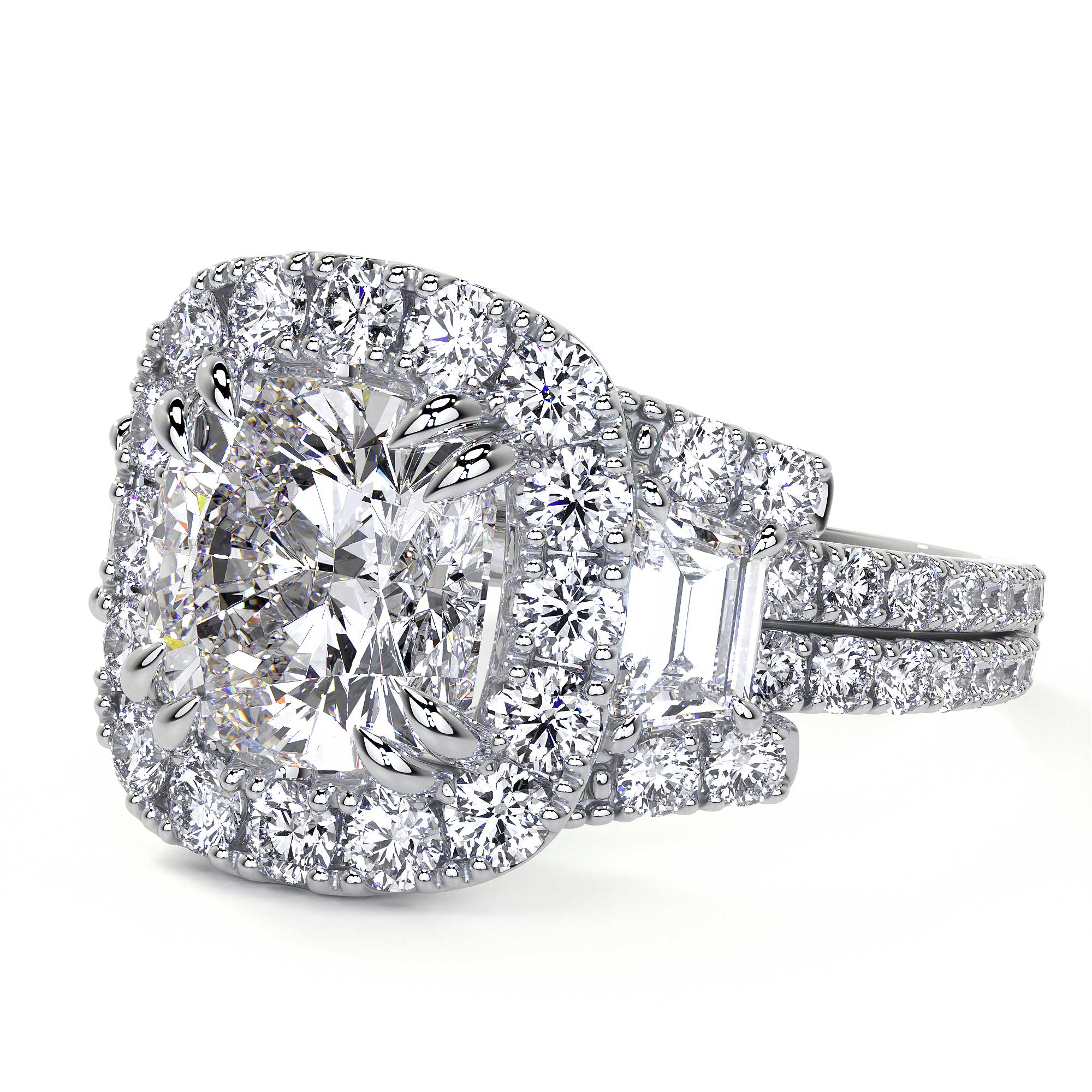 Cushion Cut 3 Stone Diamond Ring with Pave - Rings - Leviev Diamonds
