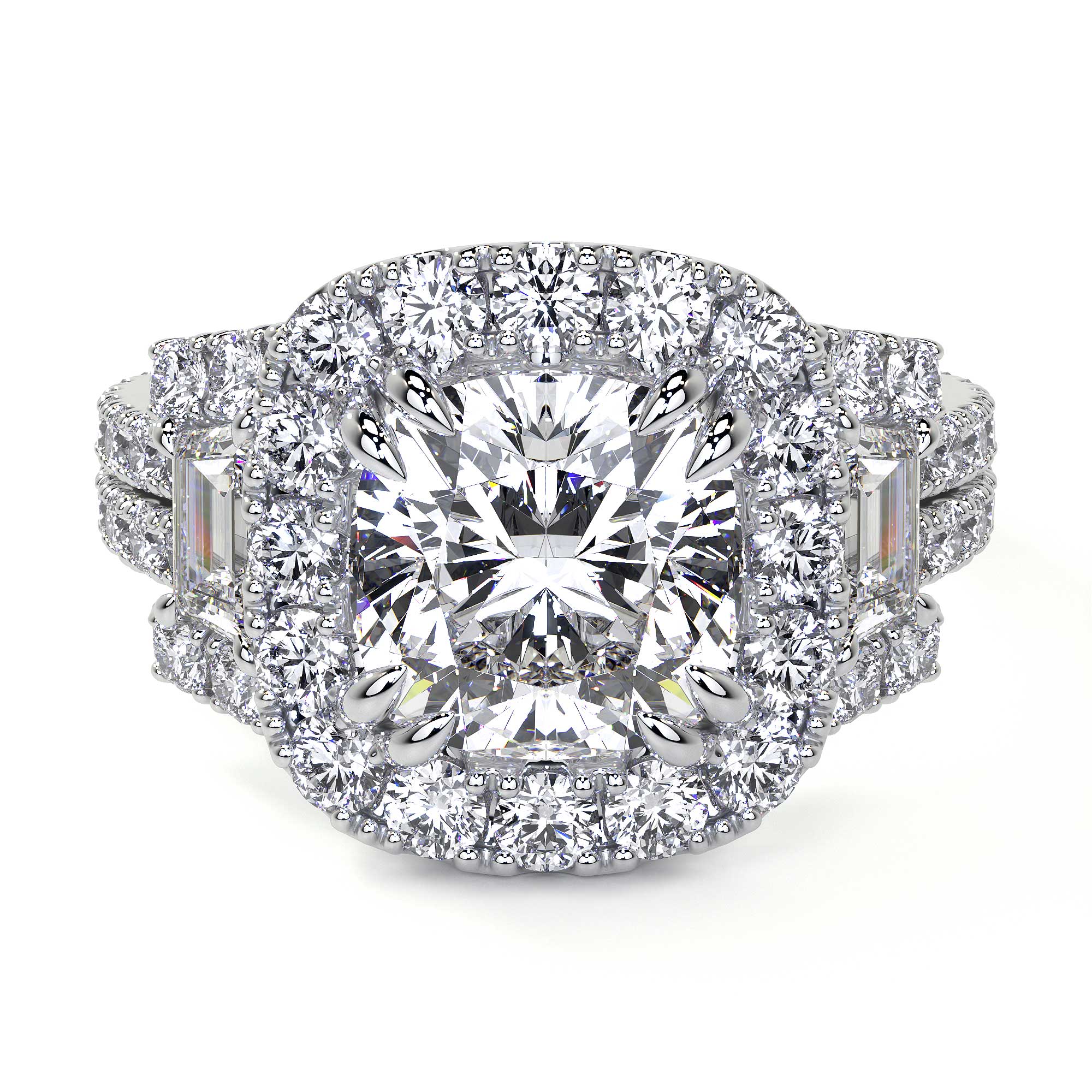 Cushion Cut 3 Stone Diamond Ring with Pave - Rings - Leviev Diamonds