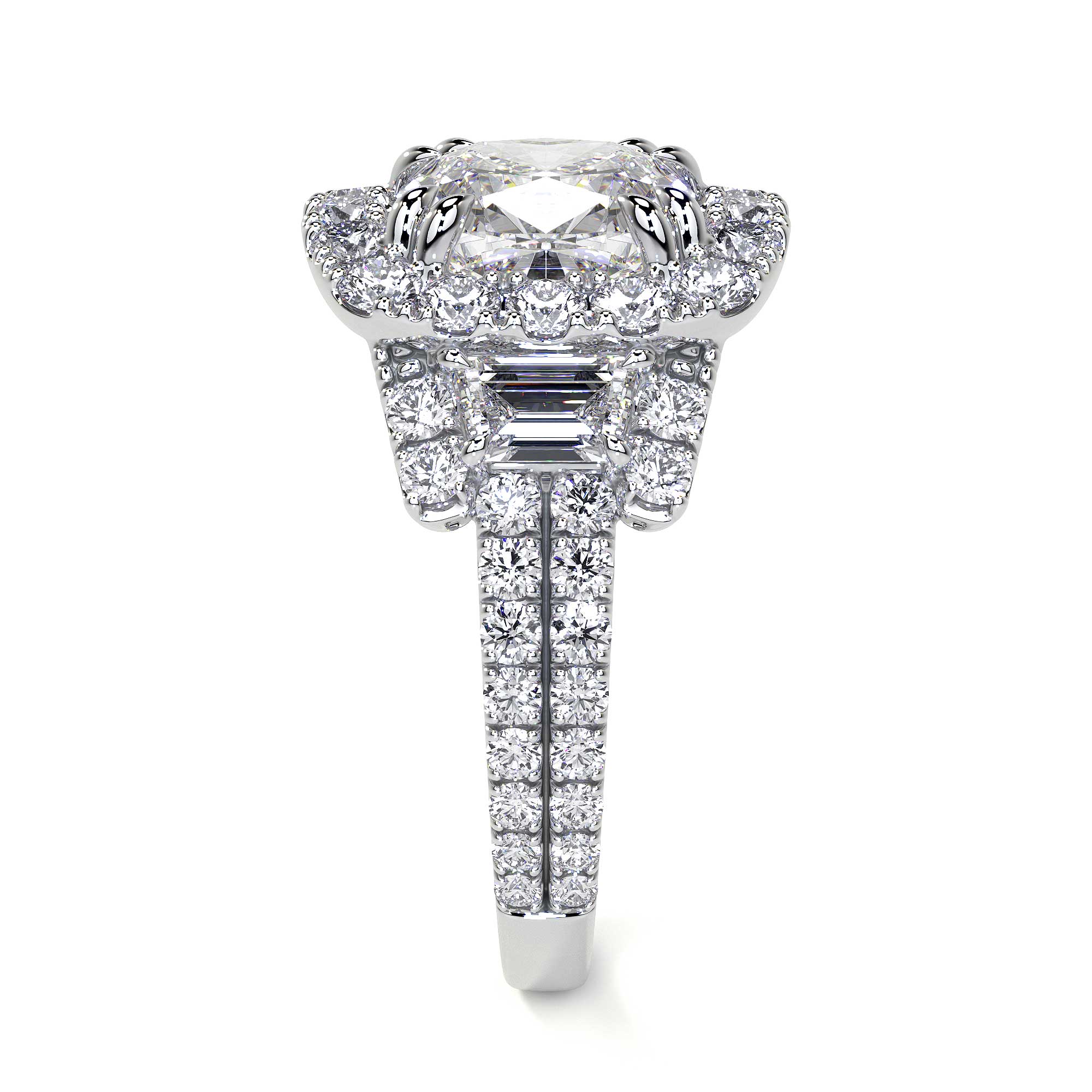 Cushion Cut 3 Stone Diamond Ring with Pave - Rings - Leviev Diamonds