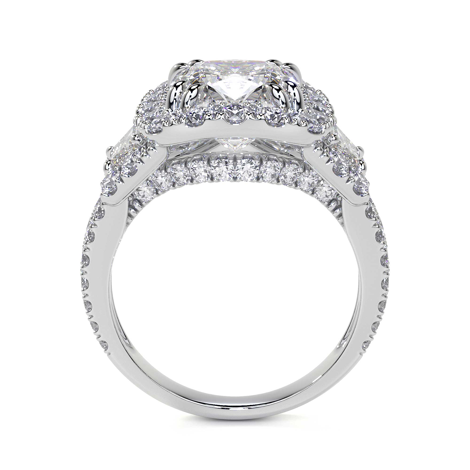 Cushion Cut 3 Stone Diamond Ring with Pave - Rings - Leviev Diamonds