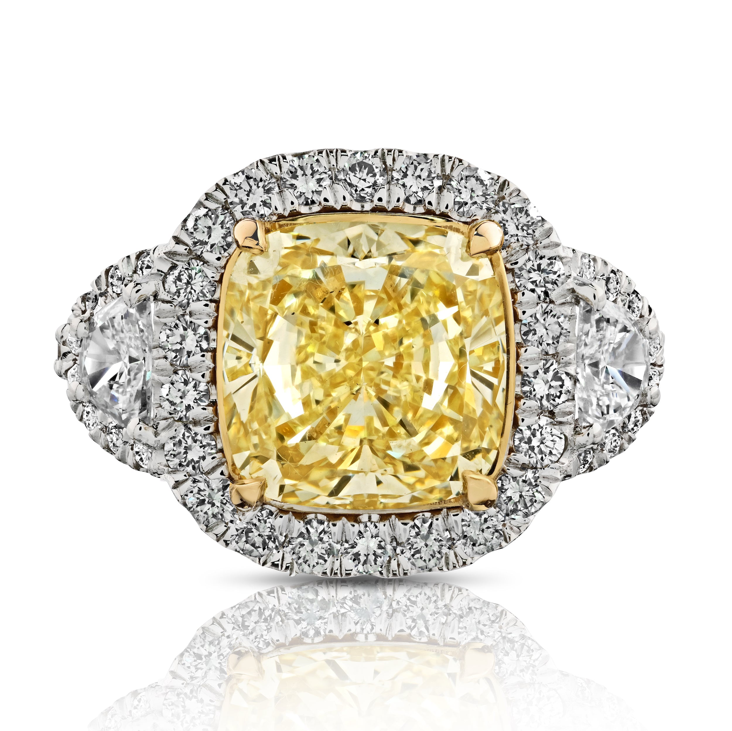 Fancy Light Yellow Diamond Ring with White Diamond Halo and Half-Moon Cuts, 4.03 CT - Rings - Leviev Diamonds