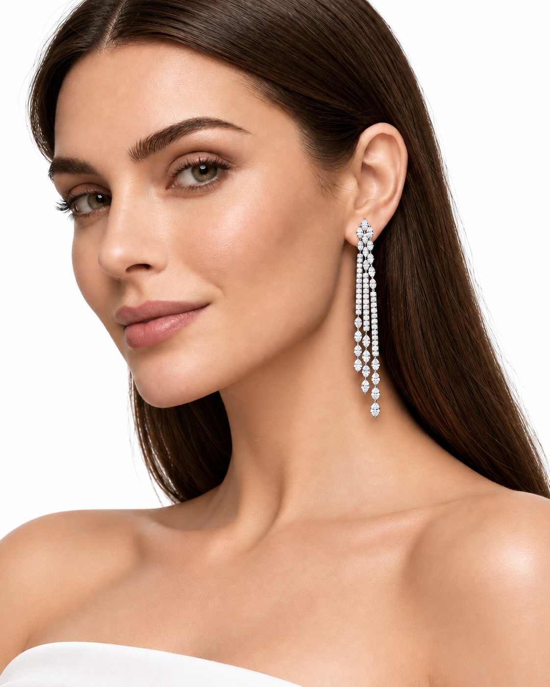 Model wearing the Leviev Taylor Dripping Stiletto 8.85 diamond earrings in a three-quarter portrait