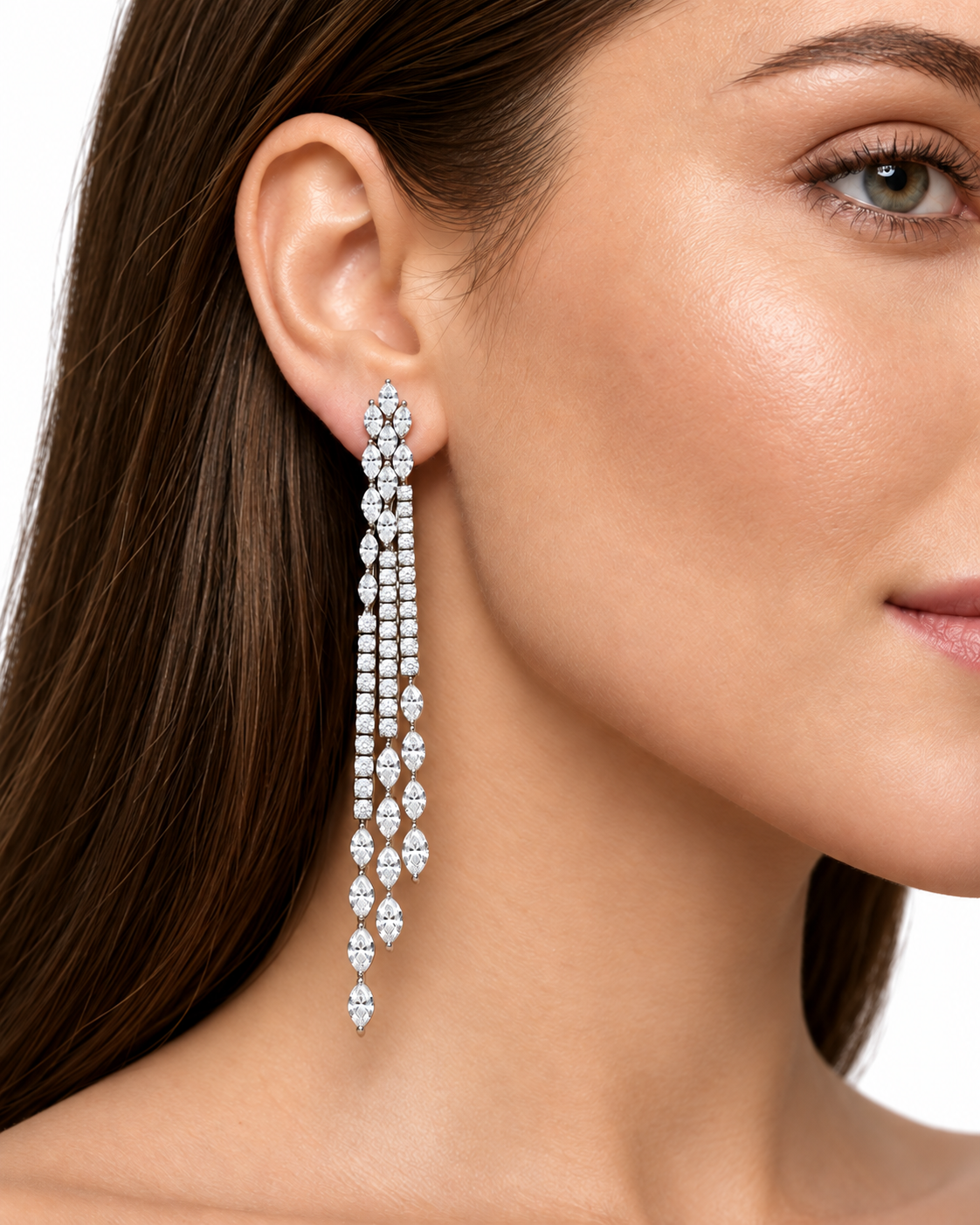 Close-up of a model wearing the Leviev Taylor Dripping Stiletto 8.85 diamond earring, showing scale and cascading strands