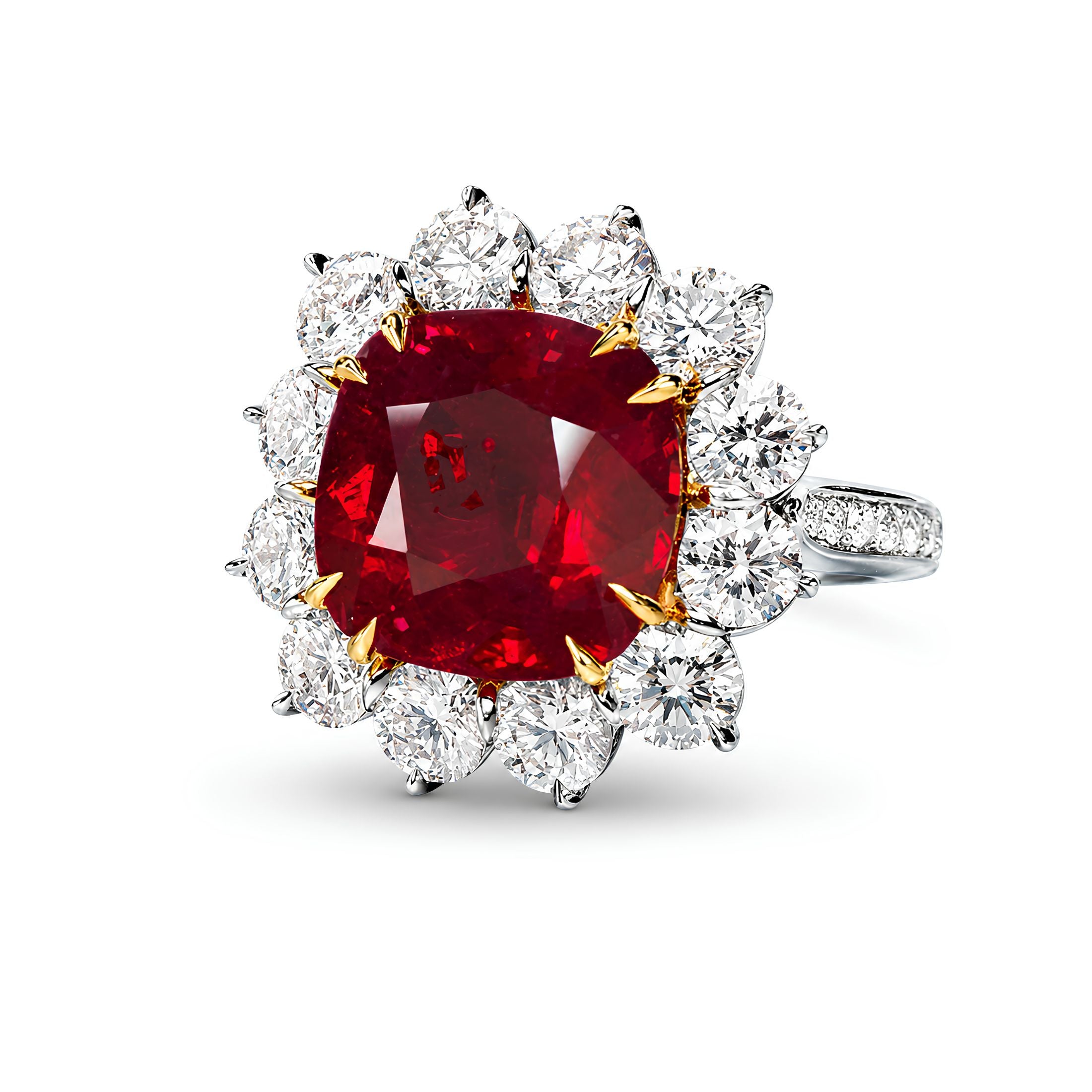 Arabella 14.47 Carat Cushion Cut Ruby & Diamond Ring in Platinum & 18K White Gold