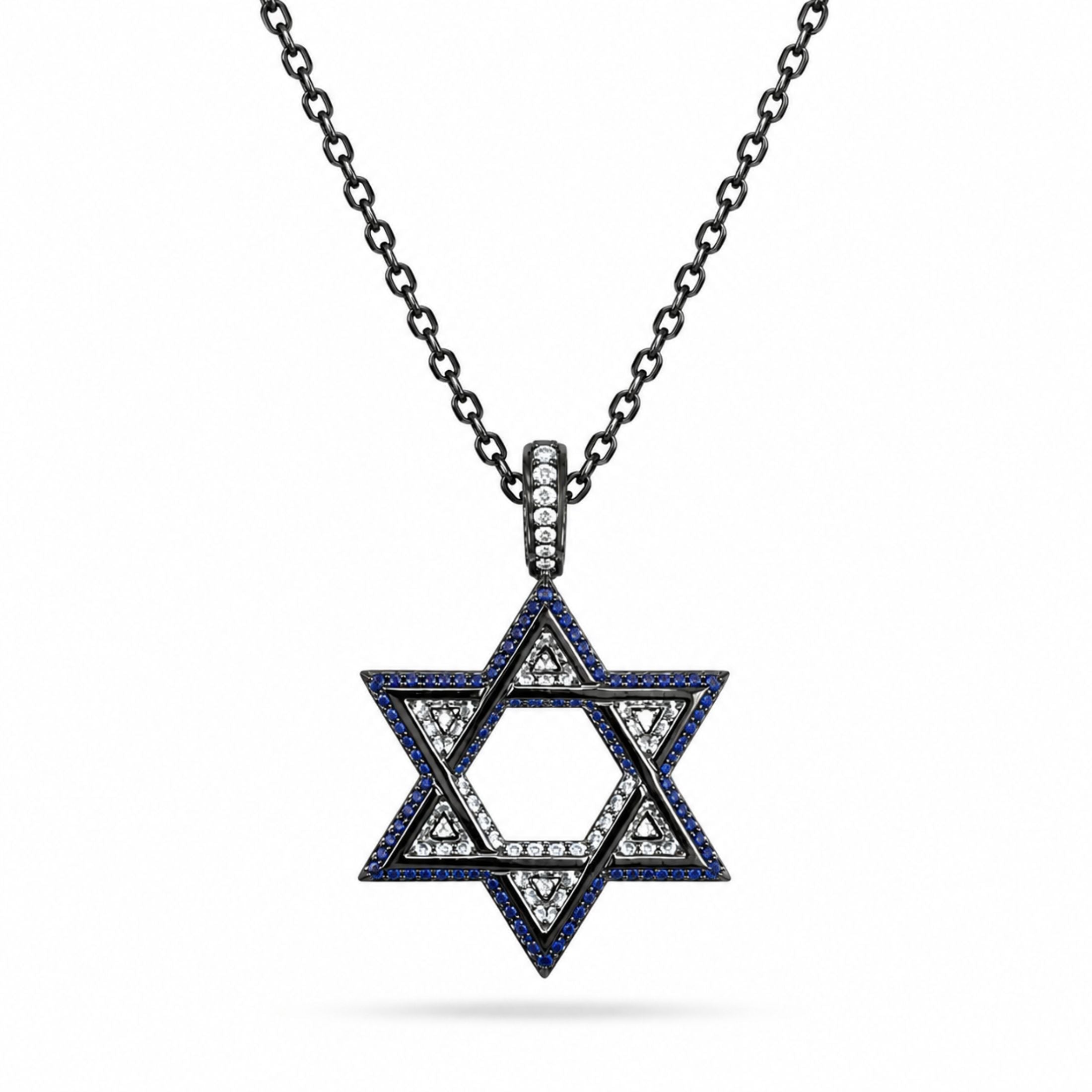 Magen Noir 1.25 Carat Blue Sapphire & White Diamond Star of David Pendant Necklace in 18K White Gold