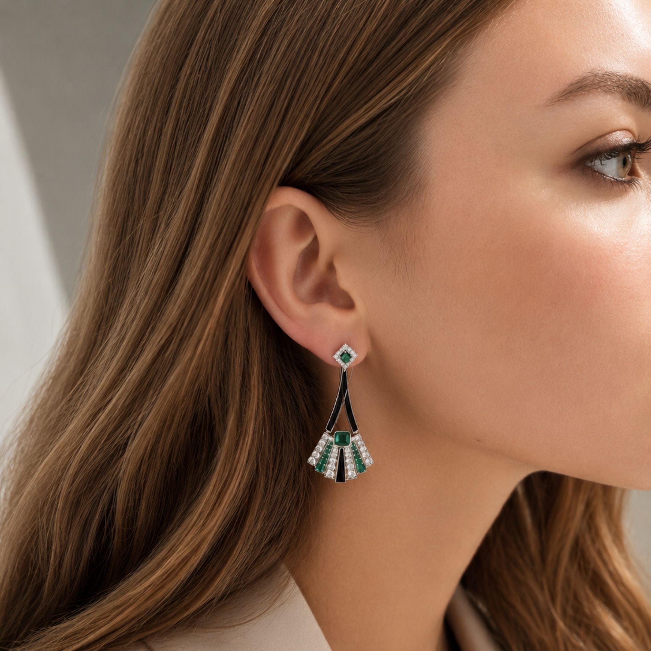 Chelsea 8.81 Carat Emerald, Onyx & Diamond Drop Earrings in 18K White Gold