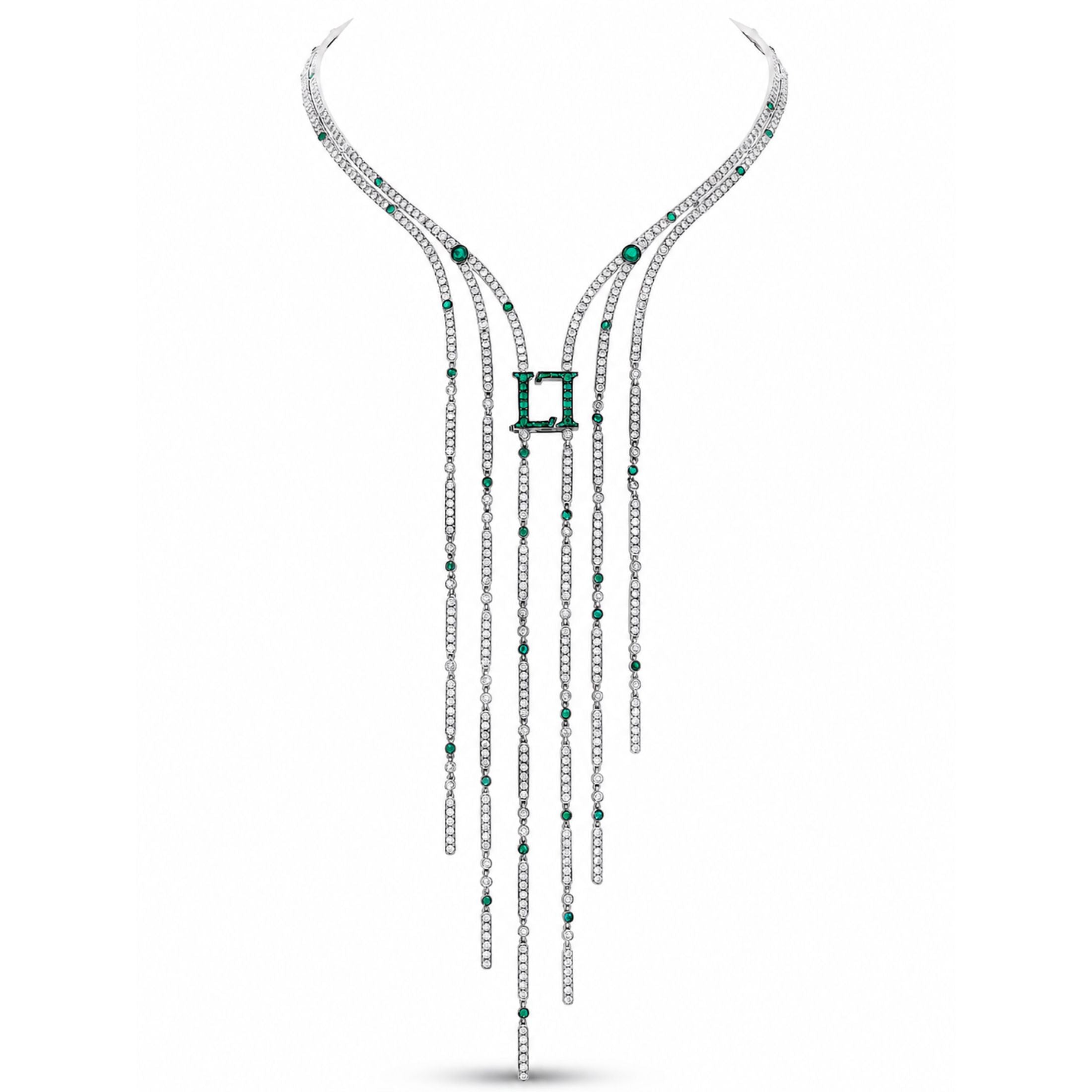 Majestic Starlette 19.04 Carat Emerald & Diamond Necklace in 18K White Gold