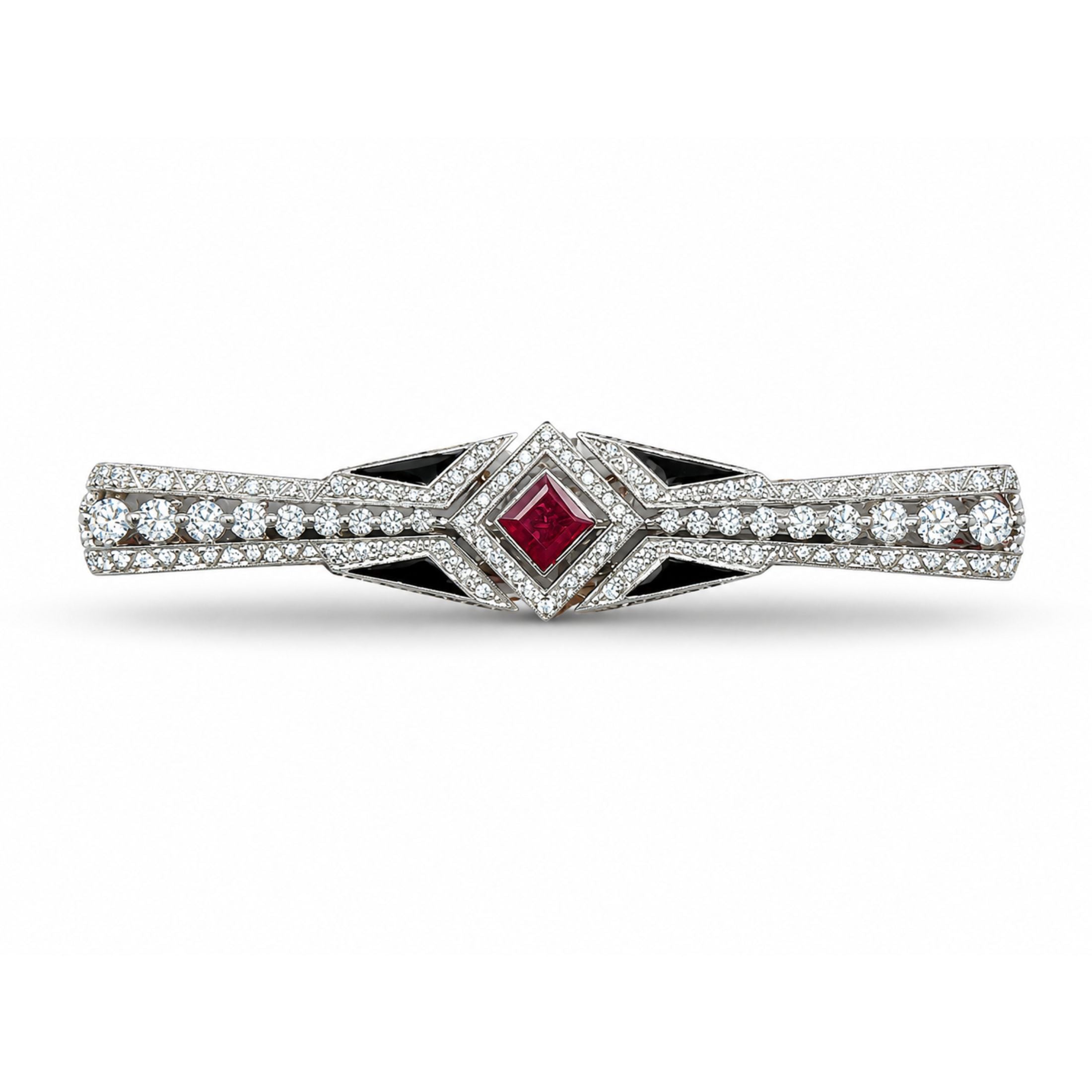 Rockefeller 4.04 Carat Ruby, Onyx, and Diamond Brooch in 18K White Gold