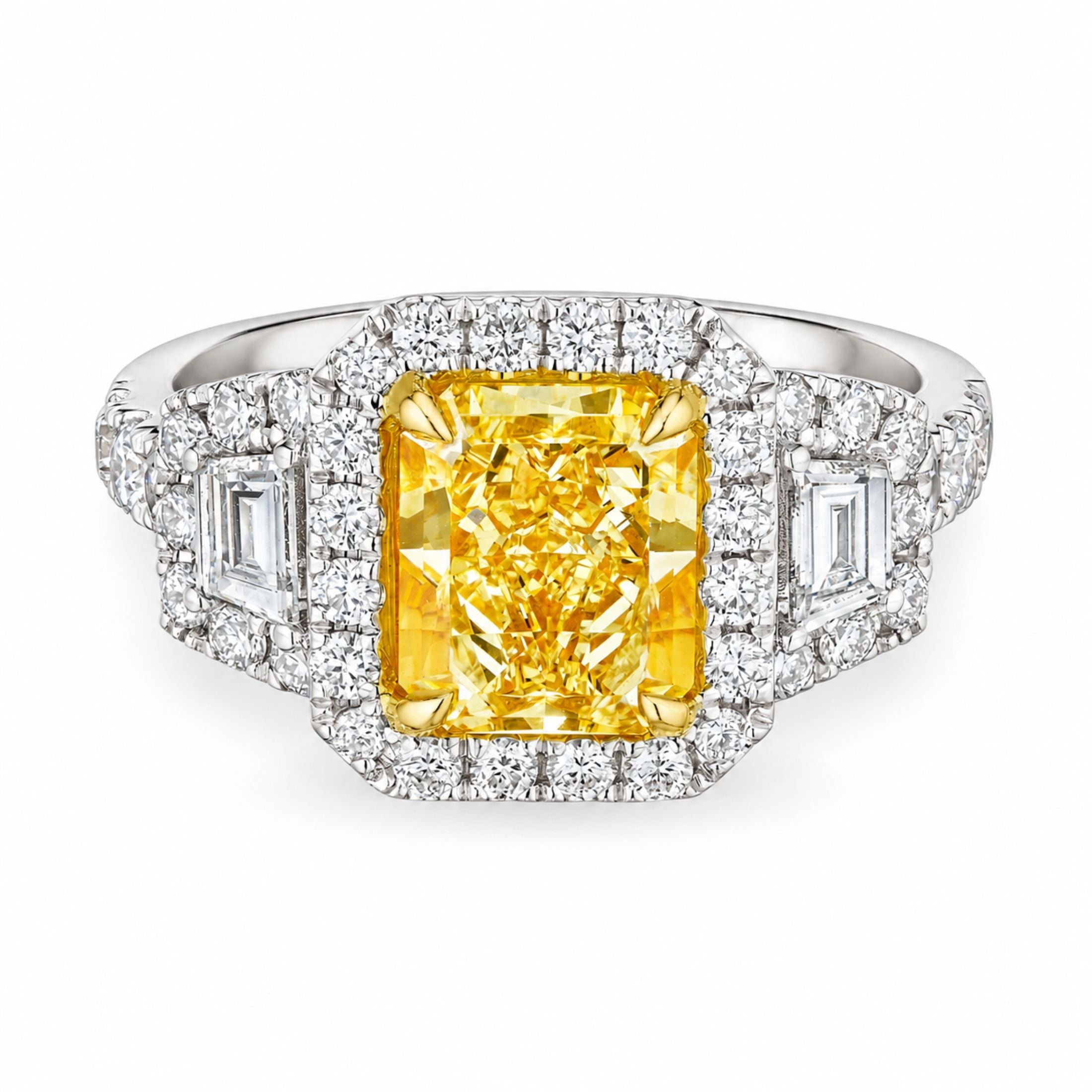 Acler 4.12 Carat Radiant Fancy Light Yellow Diamond Halo Ring in 18K White Gold