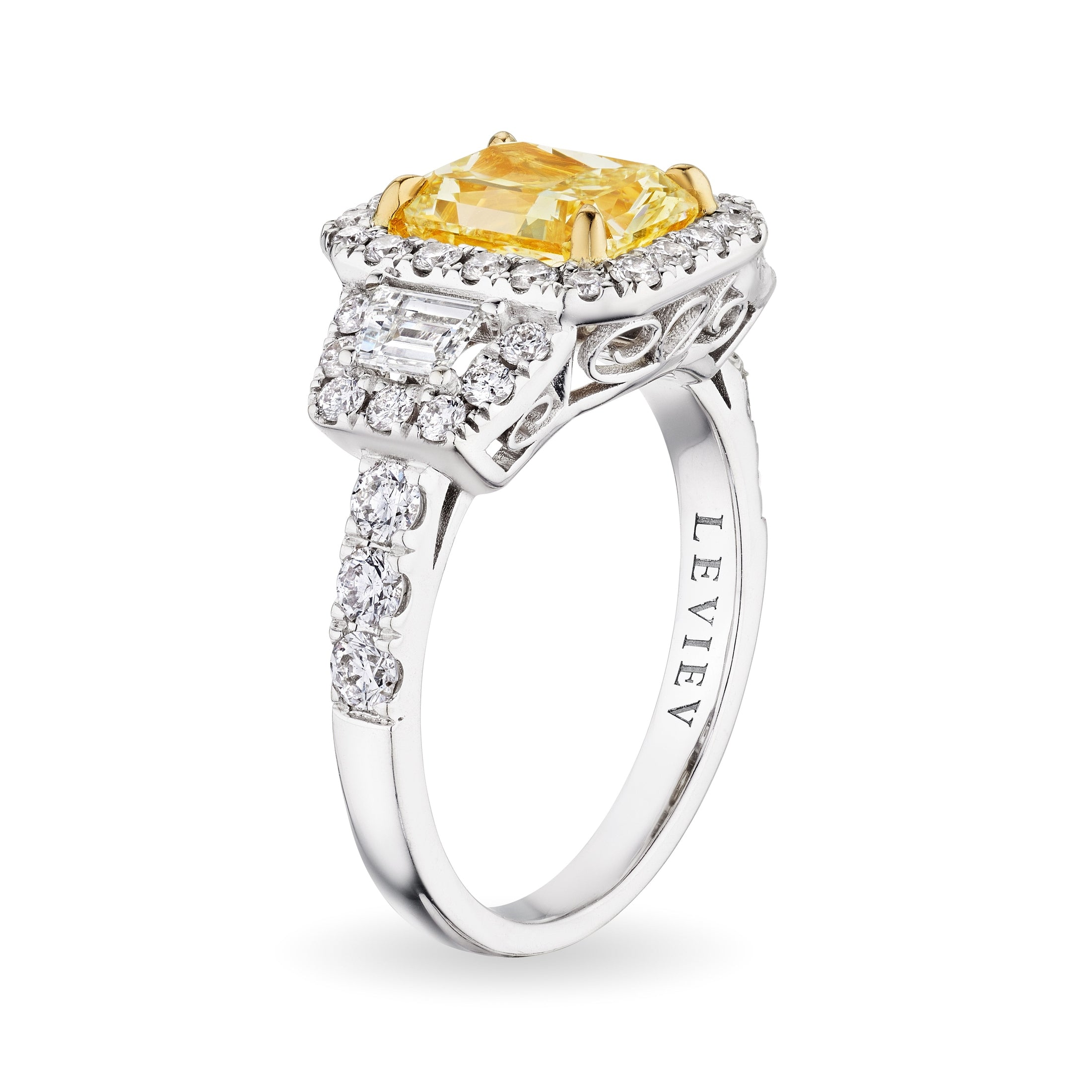 Acler 4.12 Carat Radiant Fancy Light Yellow Diamond Halo Ring in 18K White Gold Leviev Rings Leviev Signature, Rings, Signature Leviev 