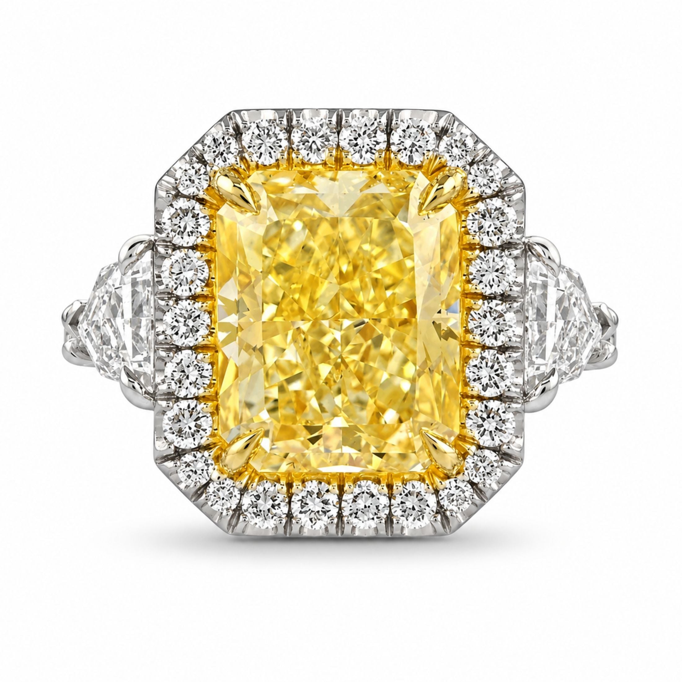 Aínsa 6.32 Carat Fancy Yellow Radiant Cut Diamond Ring in Platinum & 18K White Gold