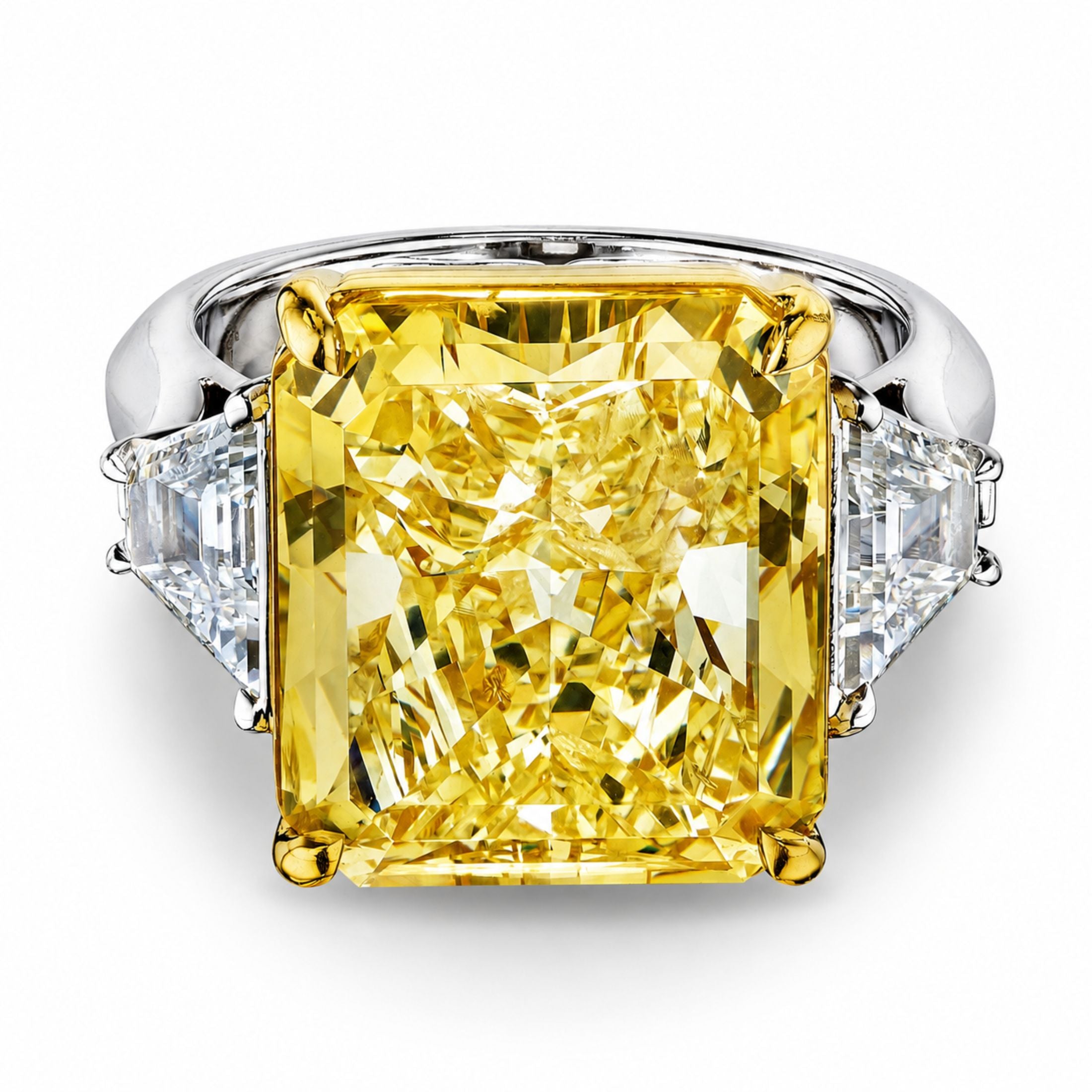 Akhet 15.60 Radiant Cut Fancy Yellow Diamond with Trapezoids Ring in Platinum