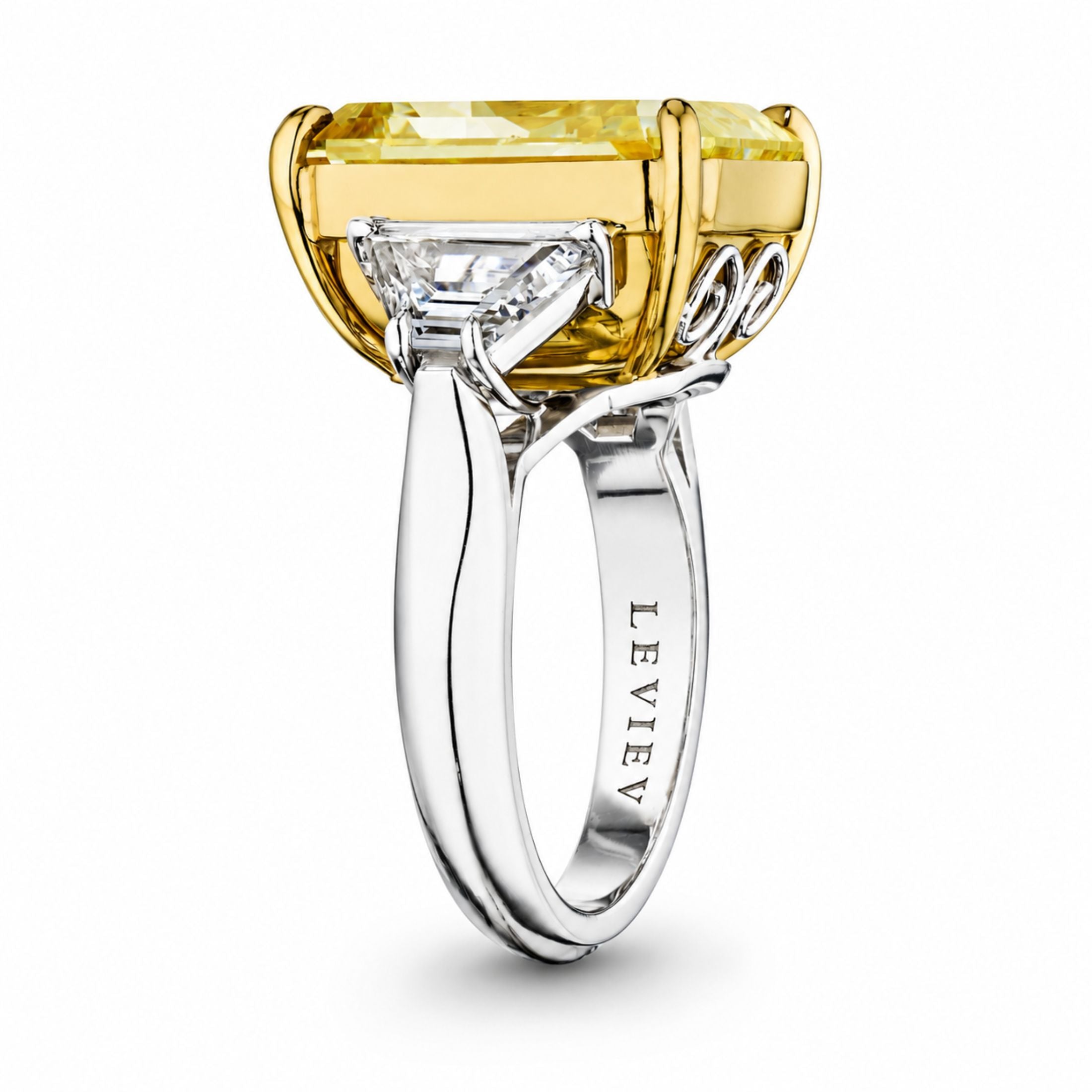 Akhet 15.60 Radiant Cut Fancy Yellow Diamond with Trapezoids Ring in Platinum