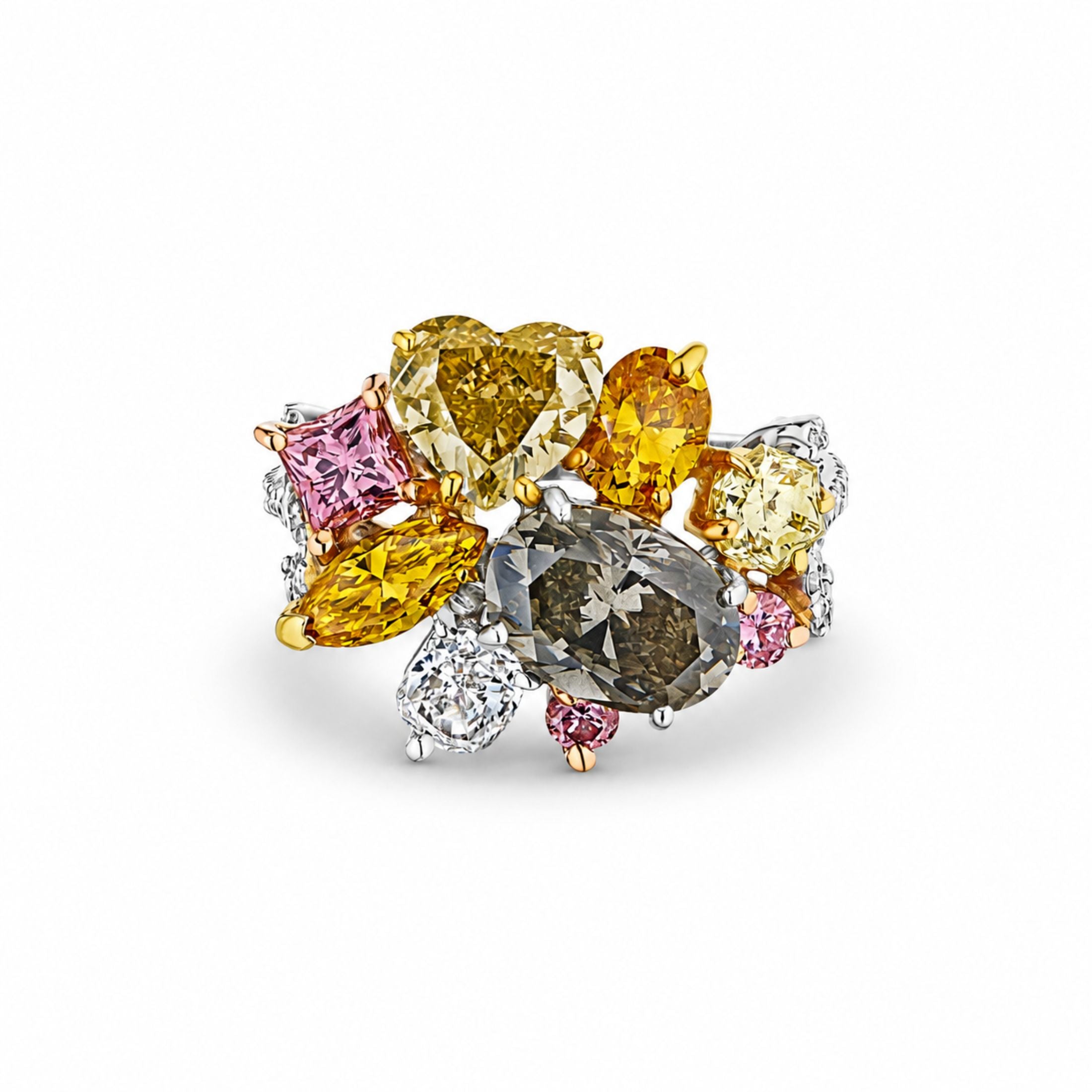 Heart-shaped yellow diamond cluster ring with mixed cut fancy color stones and openwork filigree scroll detail