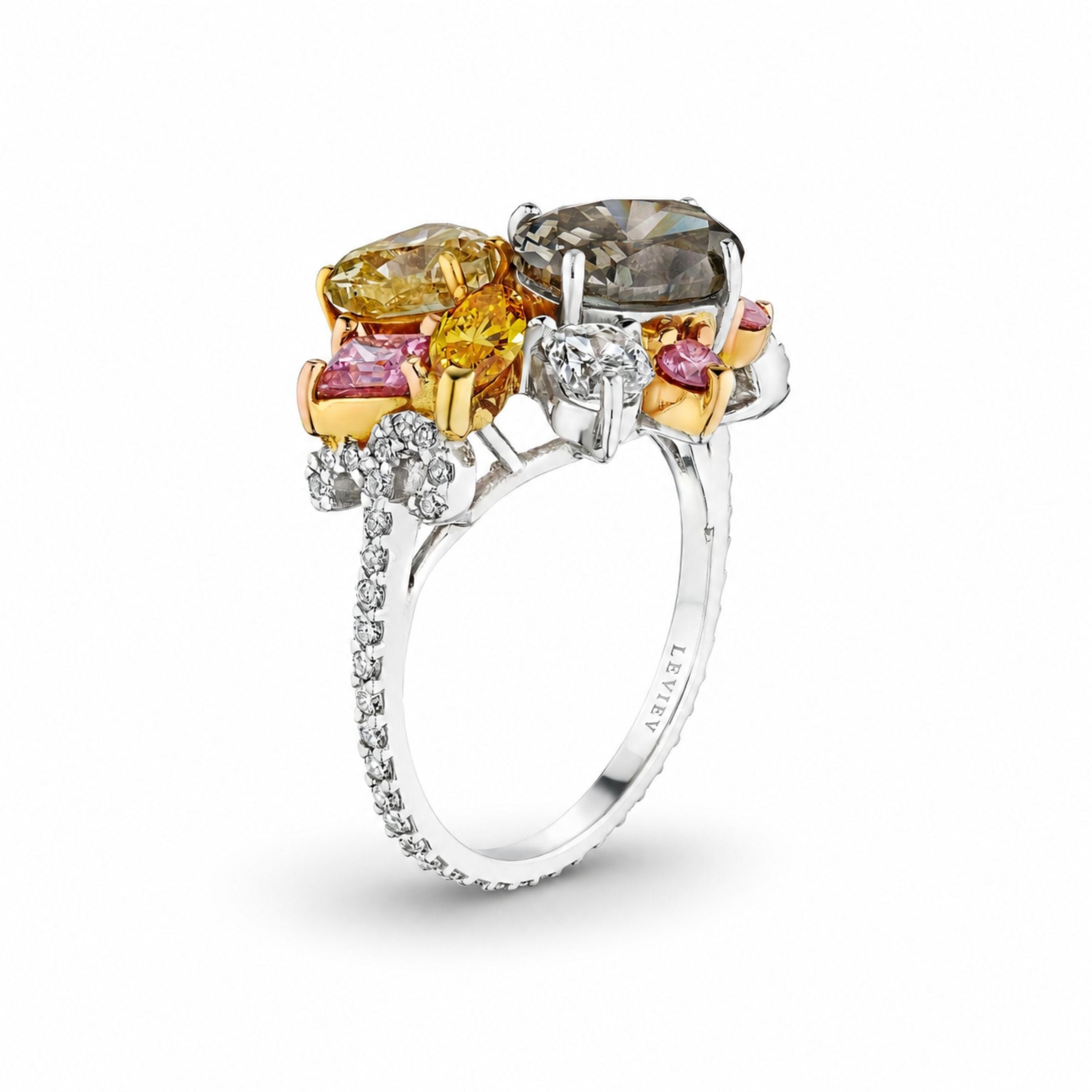 Amber Bloom multi-stone floral ring with champagne and yellow diamonds in 18K rose gold and white metal pavé band