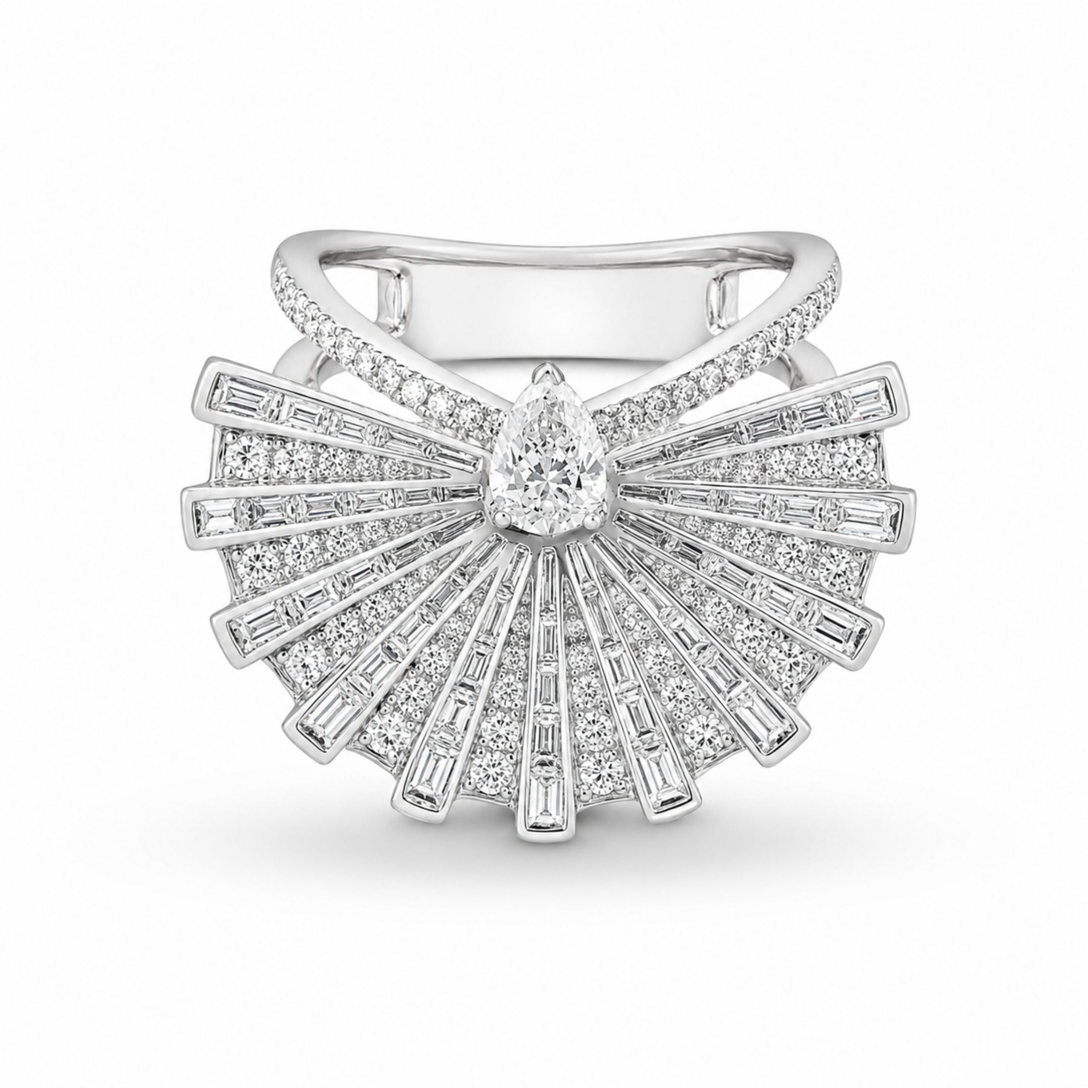 Astrielle pear-shaped diamond cocktail ring in 18k white gold with fan-cut diamonds