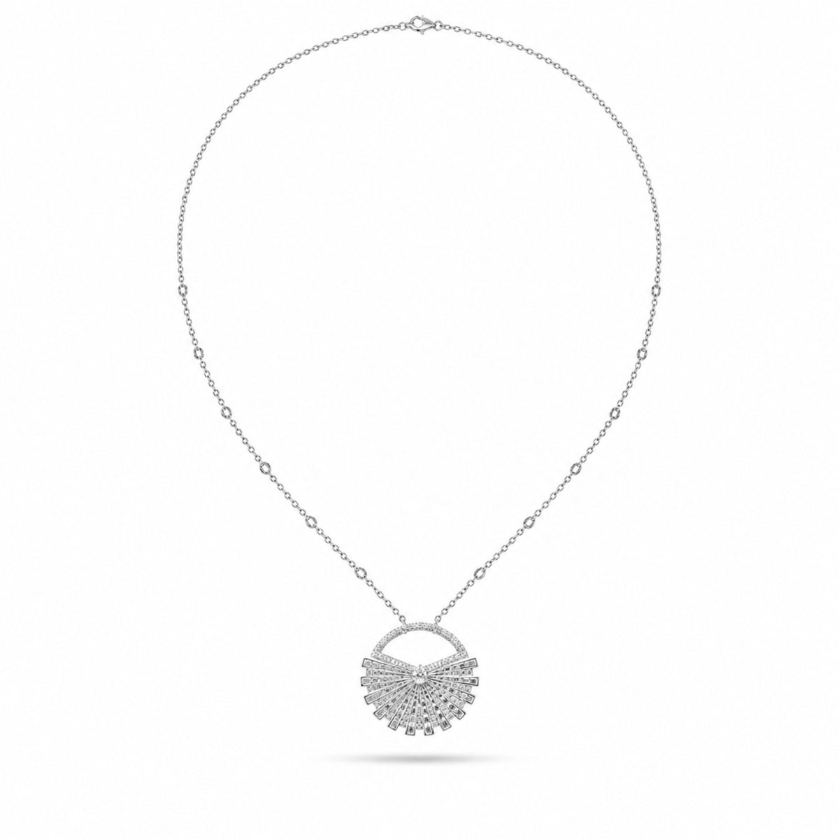 Astrielle 7.06 carat diamond pendant necklace in 18K white gold with fan-shaped starburst design