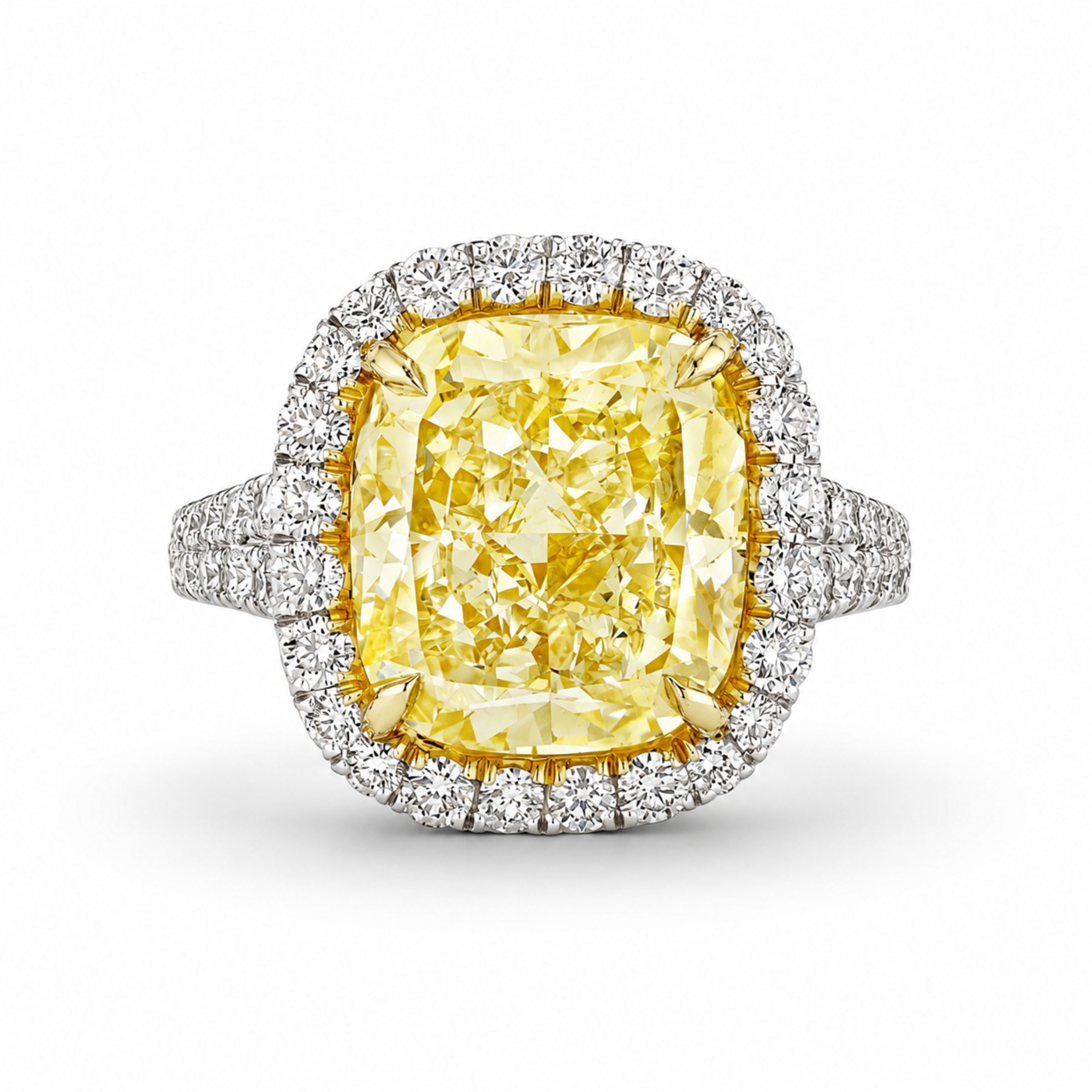 Leviev Aurelia 8.28ct Fancy Yellow Cushion Cut Diamond Ring in 18K White Gold with Double Halo