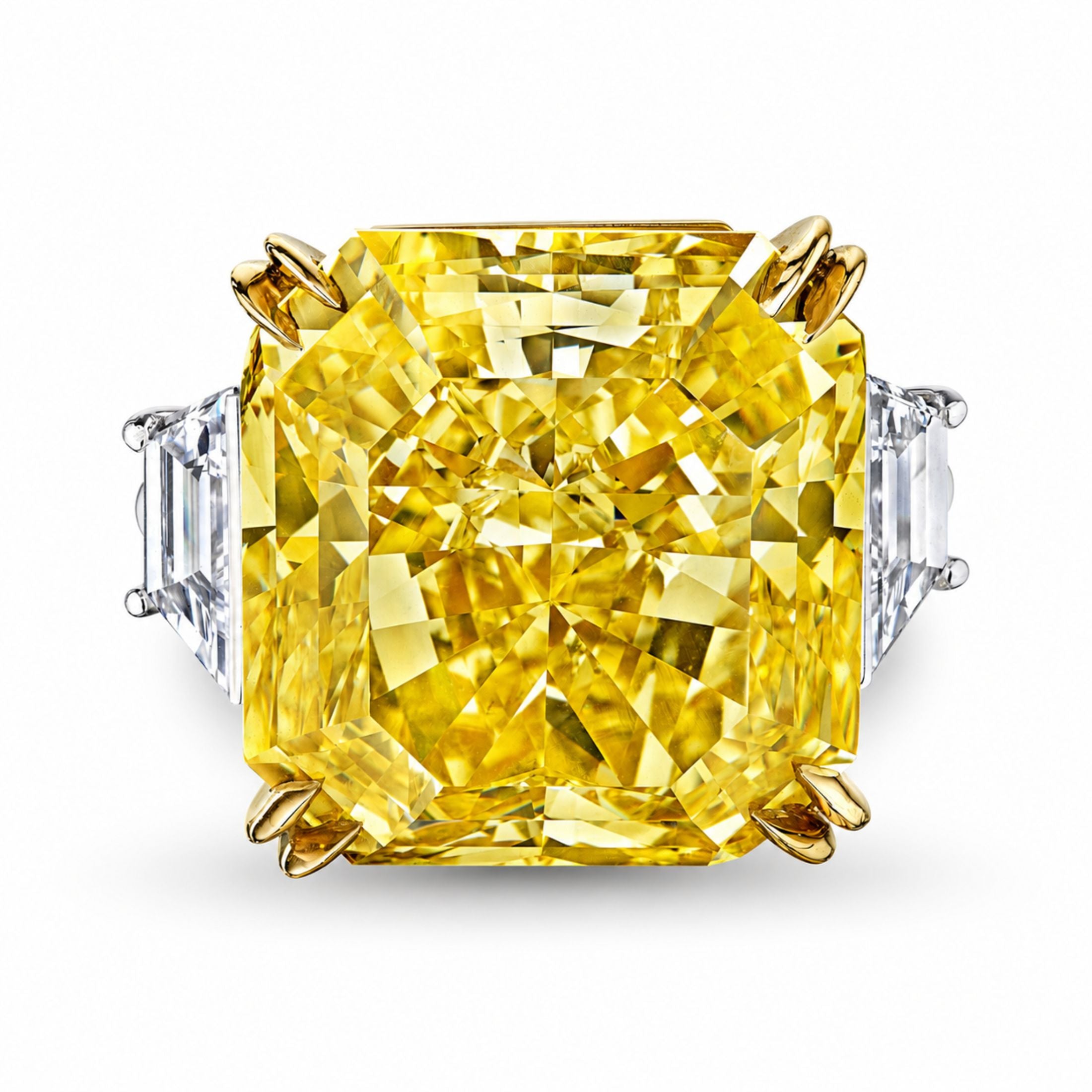 Aurelius 53.17 Carat Radiant Cut Fancy Vivid Yellow Diamond Ring in 18K Gold & Platinum