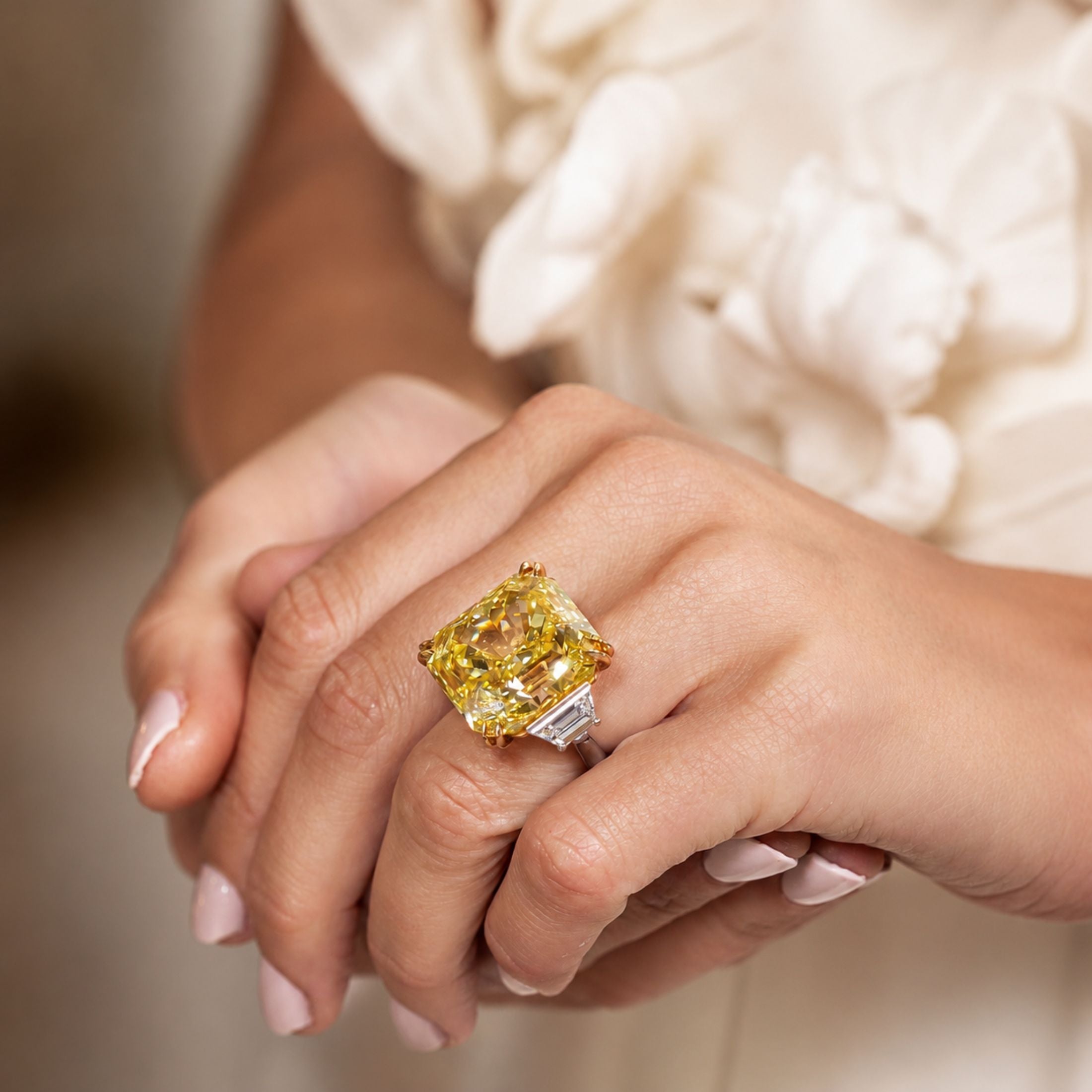 Aurelius 53.17 Carat Radiant Cut Fancy Vivid Yellow Diamond Ring in 18K Gold & Platinum