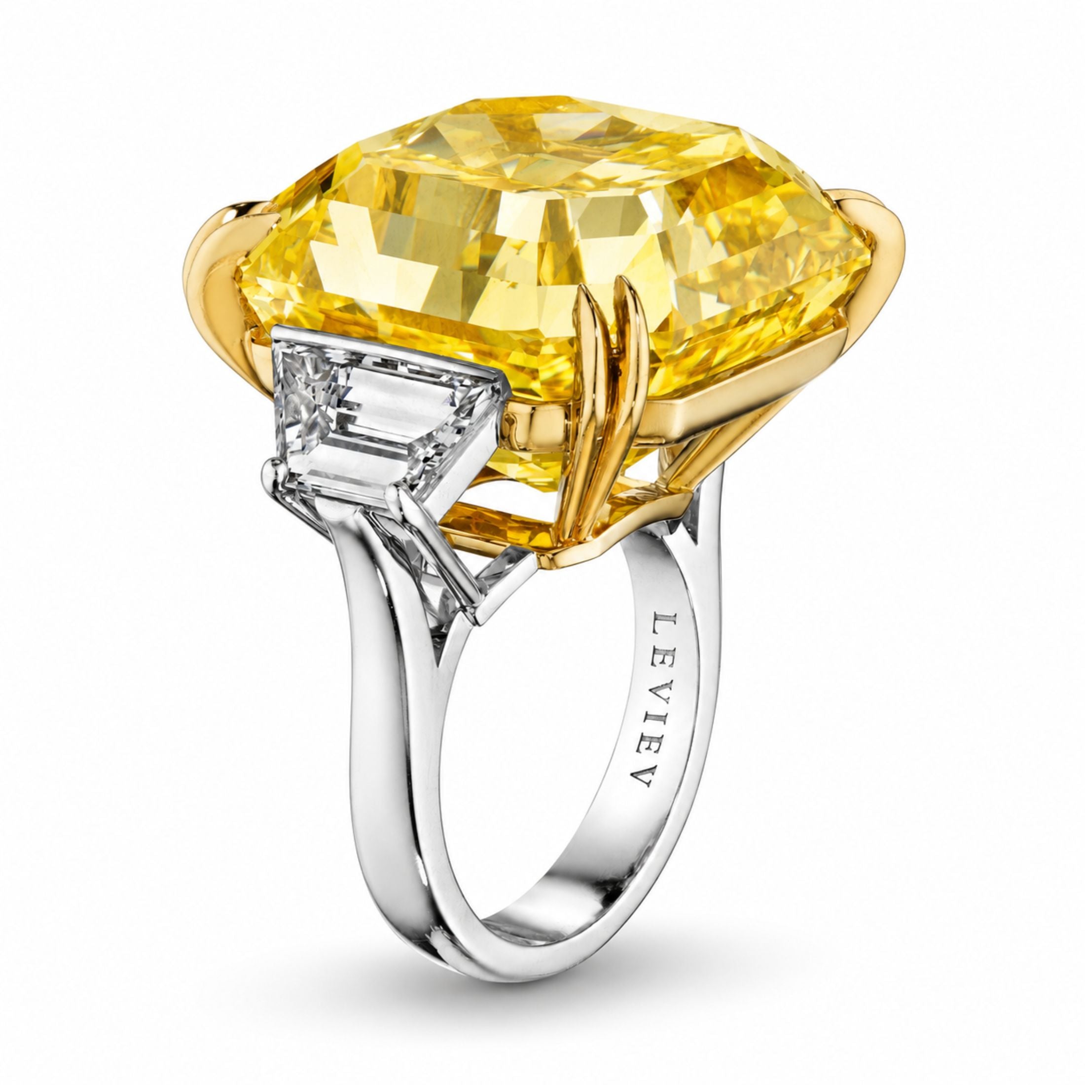 Aurelius 53.17 Carat Radiant Cut Fancy Vivid Yellow Diamond Ring in 18K Gold & Platinum