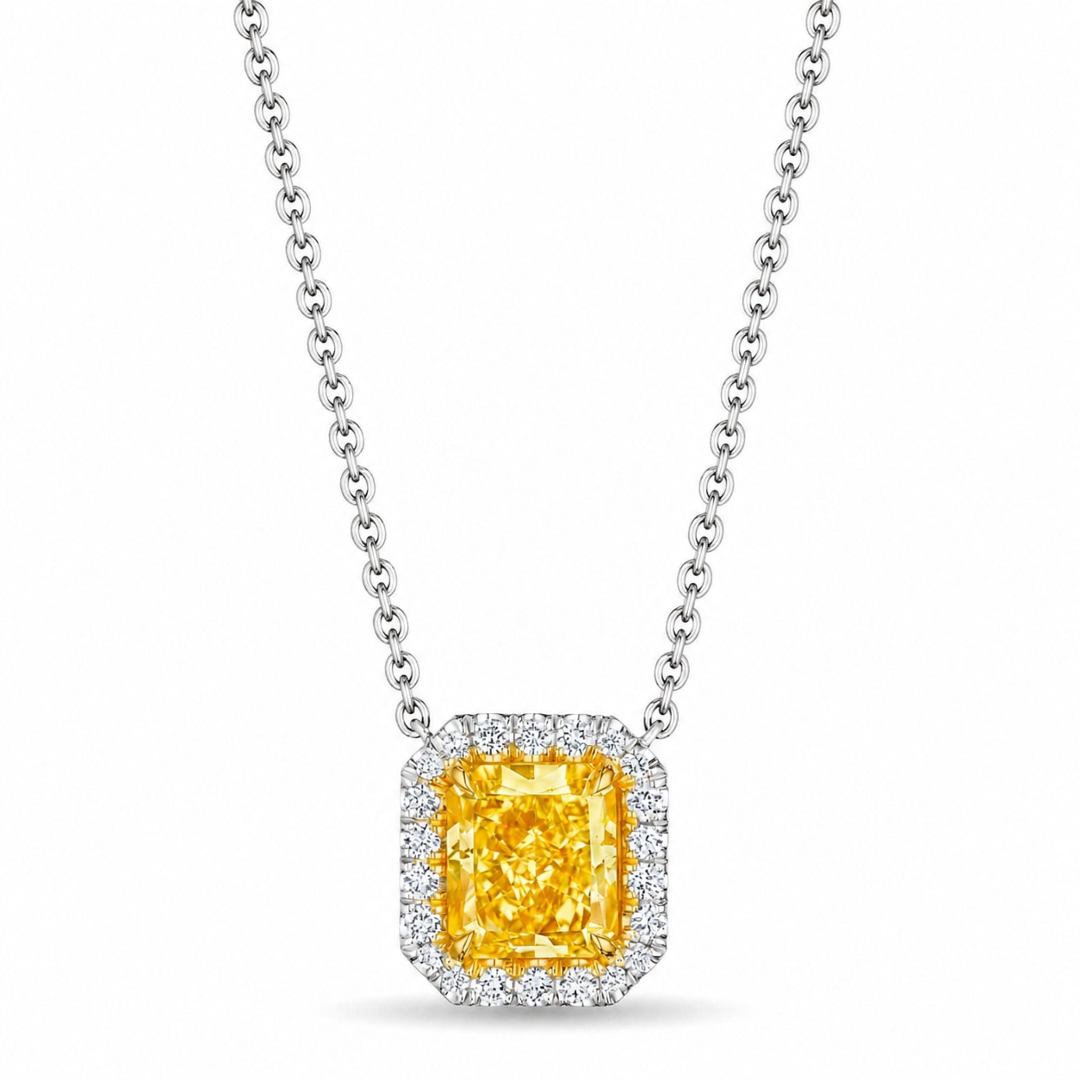 Auric 3.07 Carat Diamond Fancy Intense Yellow Diamond Pendant Necklace in 18K White Gold