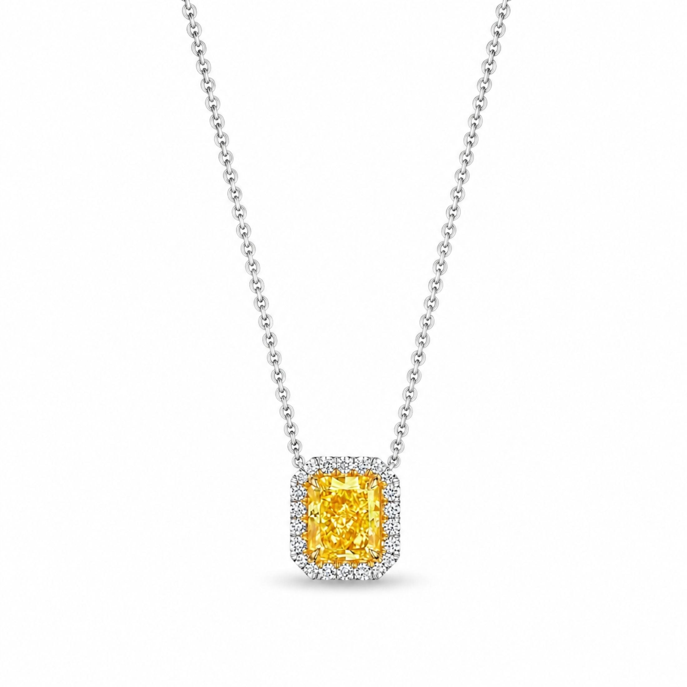 Auric 3.07 Carat Diamond Fancy Intense Yellow Diamond Pendant Necklace in 18K White Gold