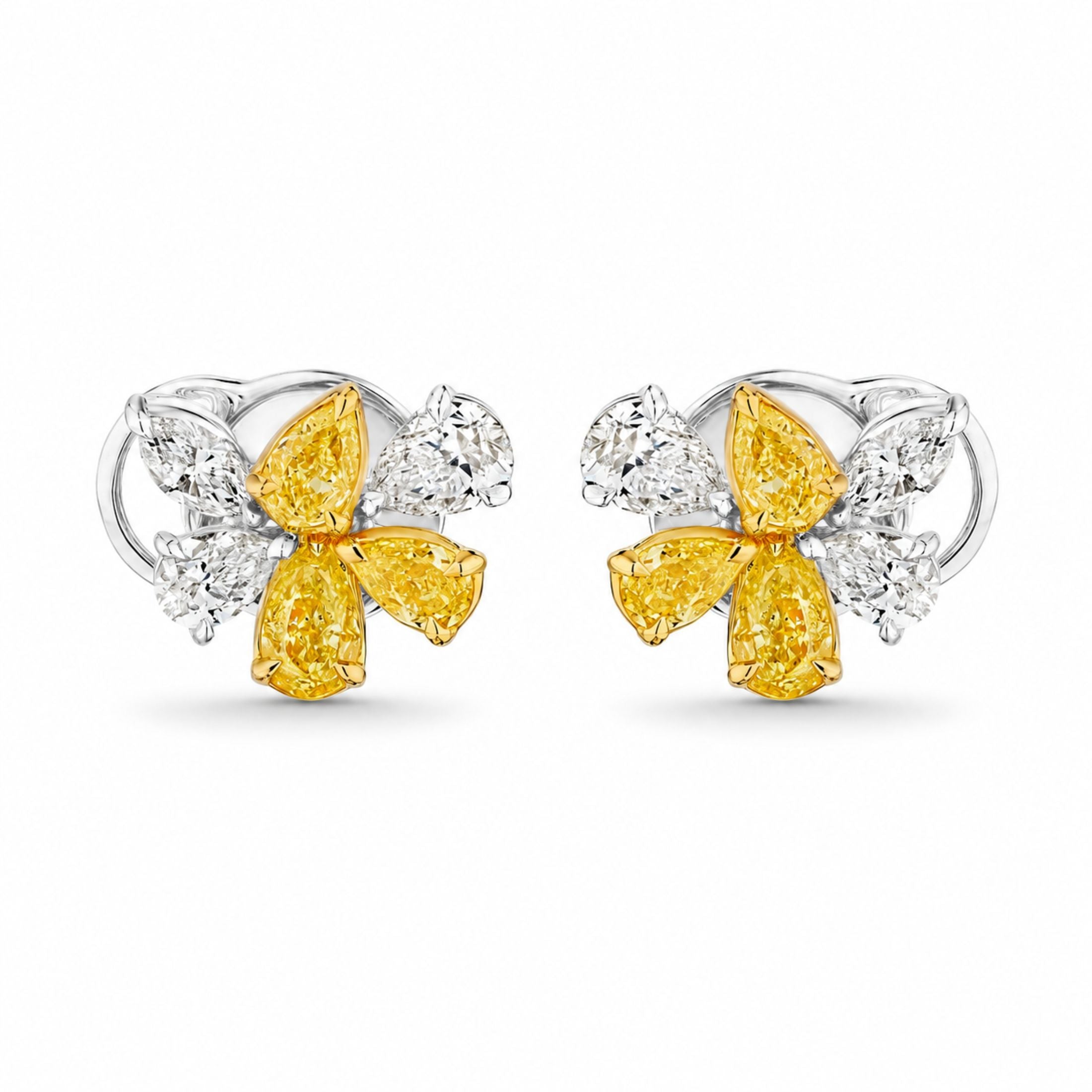 Auric Petals 2.57 Carat Yellow & White Diamond Cluster Earrings in 18K White Gold