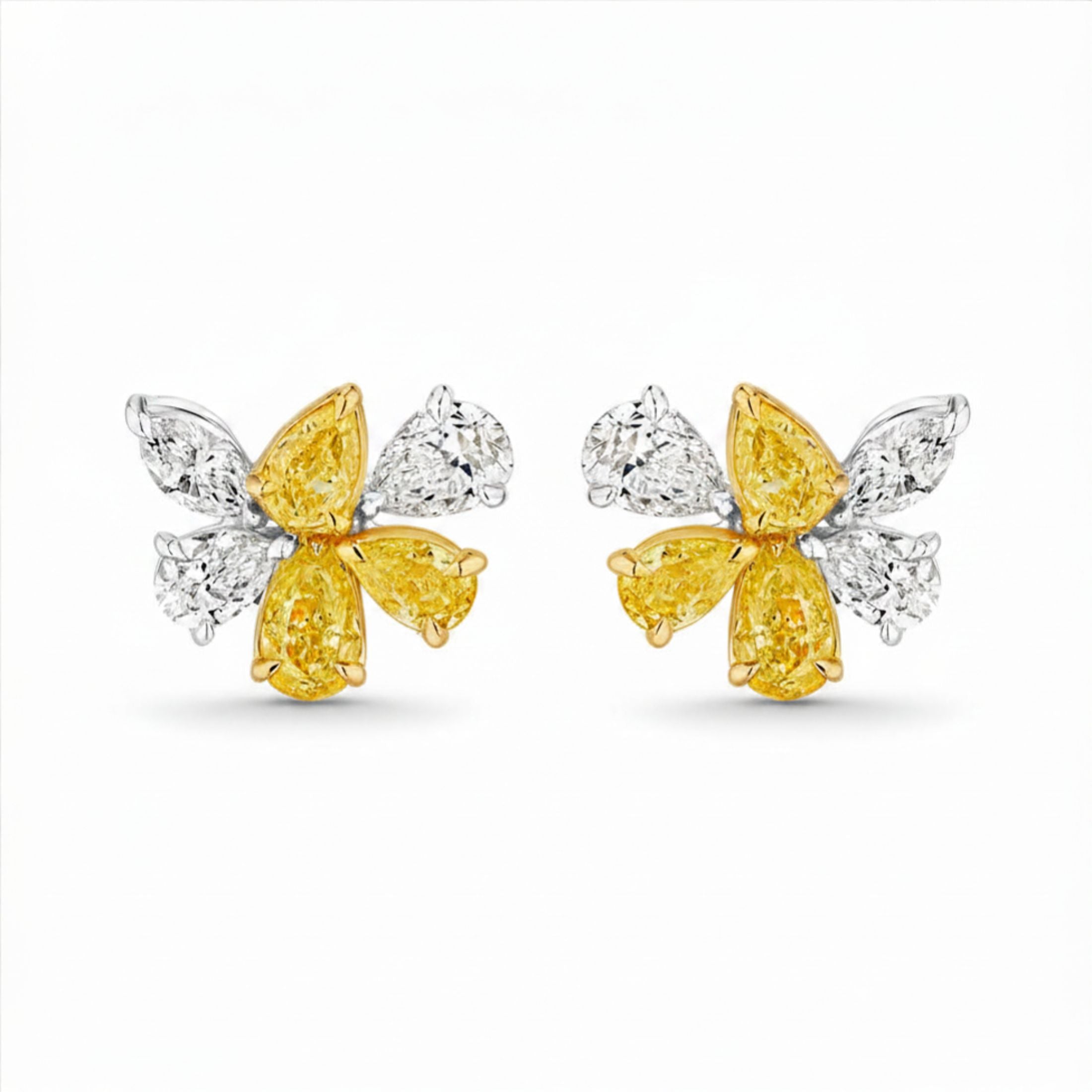 Auric Petals 2.57 Carat Yellow & White Diamond Cluster Earrings in 18K White Gold