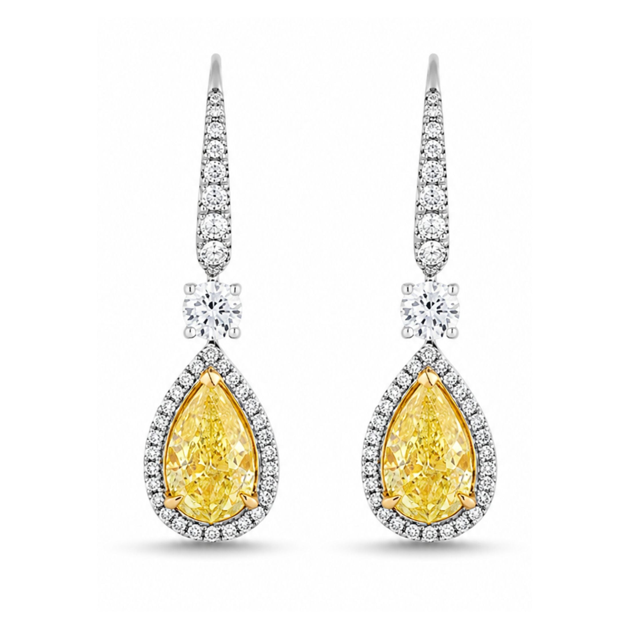 Leviev Aurora teardrop yellow diamond drop earrings in 18K gold with white diamond halo