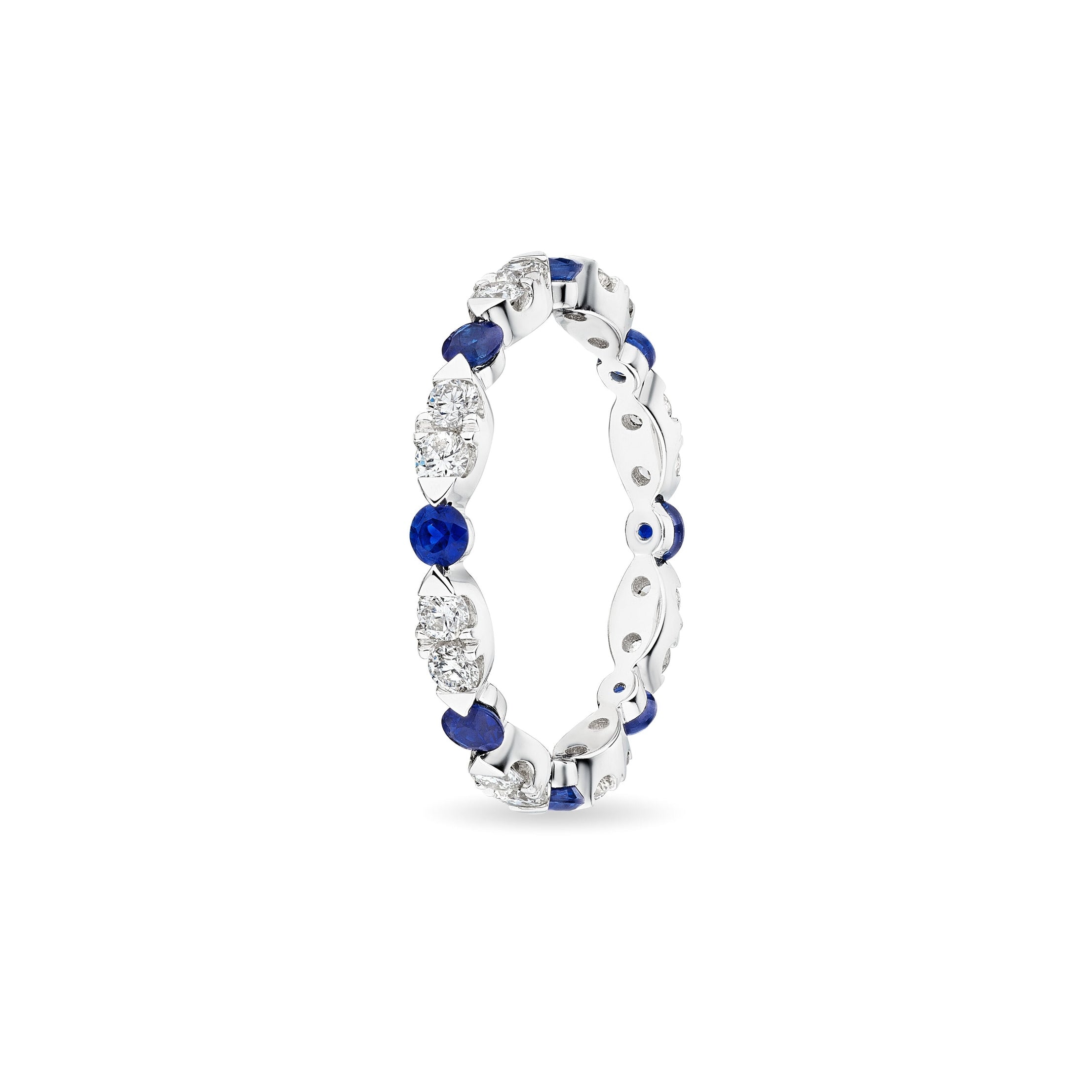 Azure Crown 1.20 Carat Diamond Ring side profile showing alternating royal blue sapphires and diamonds in 18K white gold eternity band