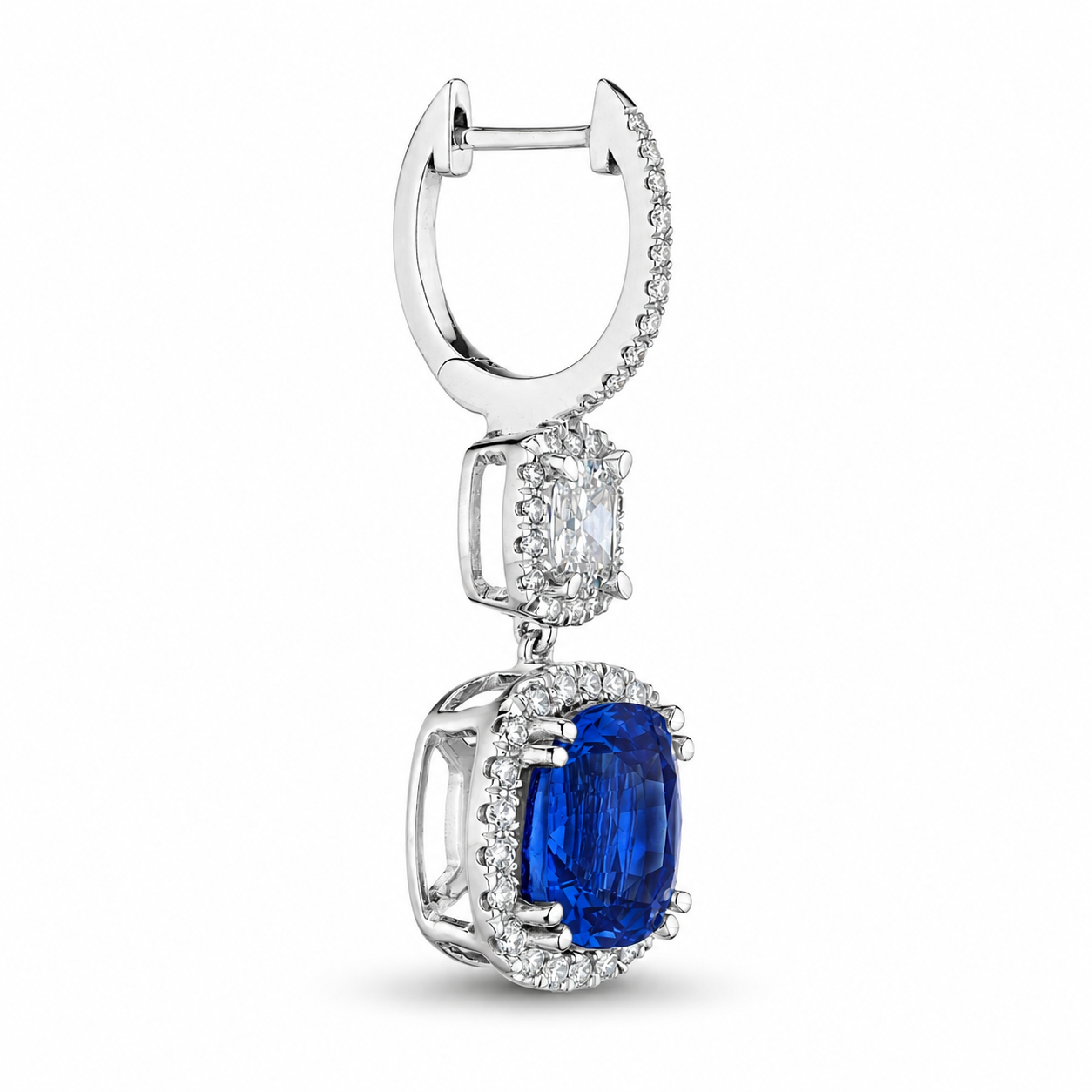 Side view of Azurielle sapphire diamond drop earrings in 18K white gold with cushion cut blue gem