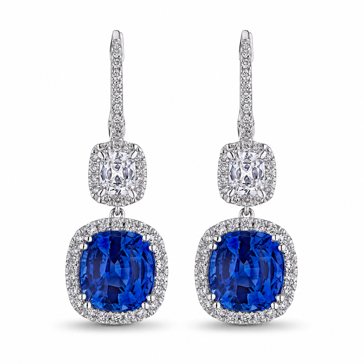 Front pair of Leviev 7.53 carat sapphire and diamond drop earrings in polished white gold