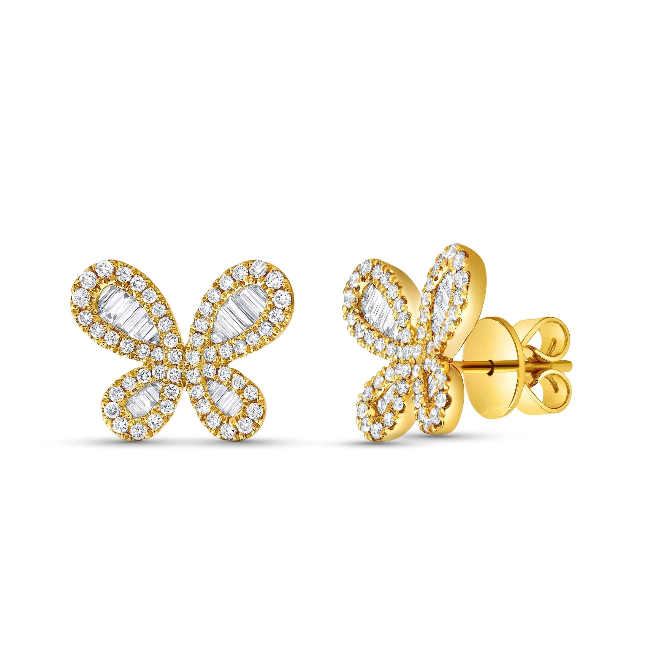 18k yellow gold diamond butterfly stud earrings front and back view with clasp