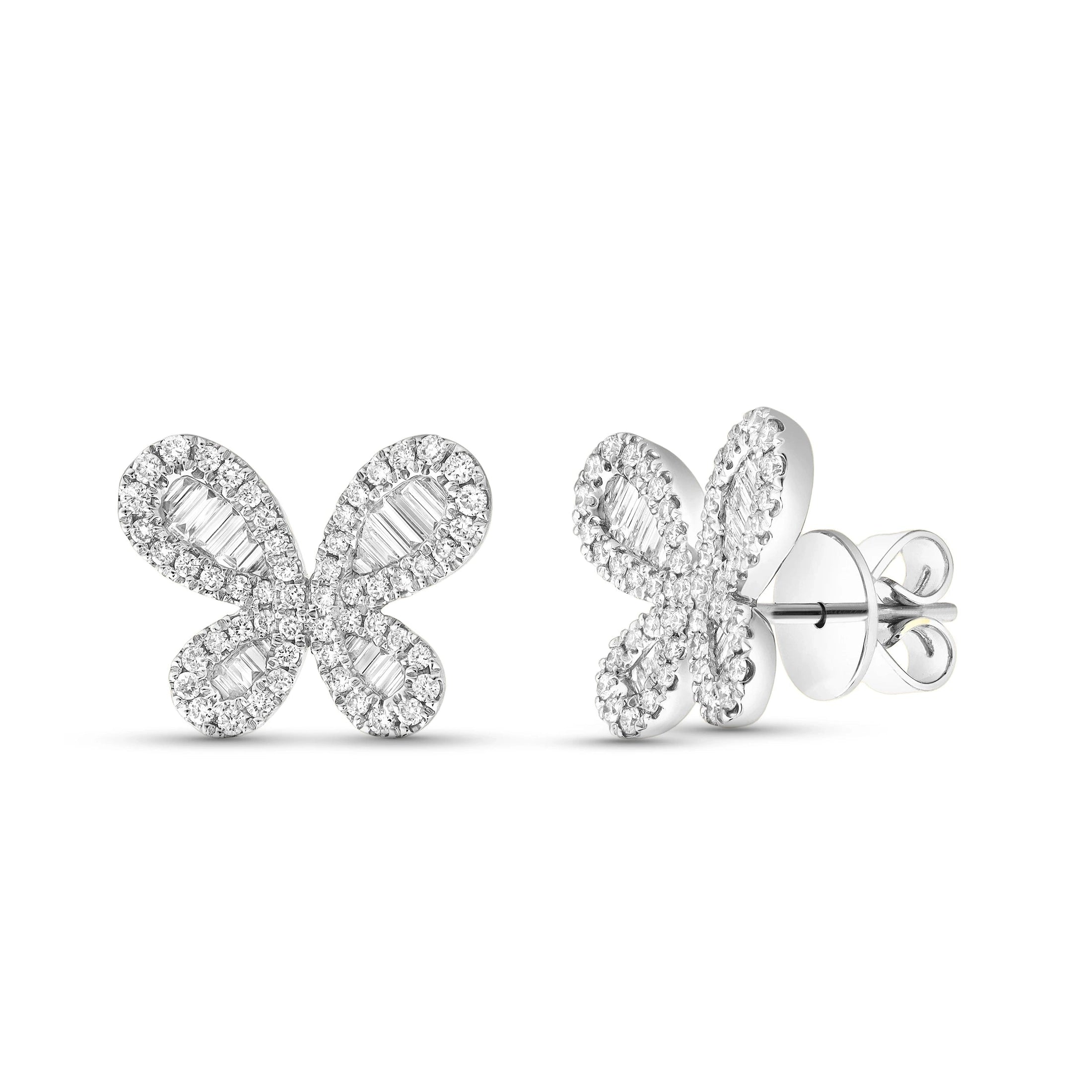 18k white gold baguette diamond butterfly stud earrings front and back detail