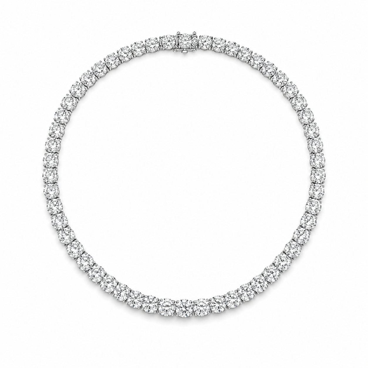 Platinum diamond rivière necklace flat lay showing seamless graduated round brilliant diamonds and shared-prong setting