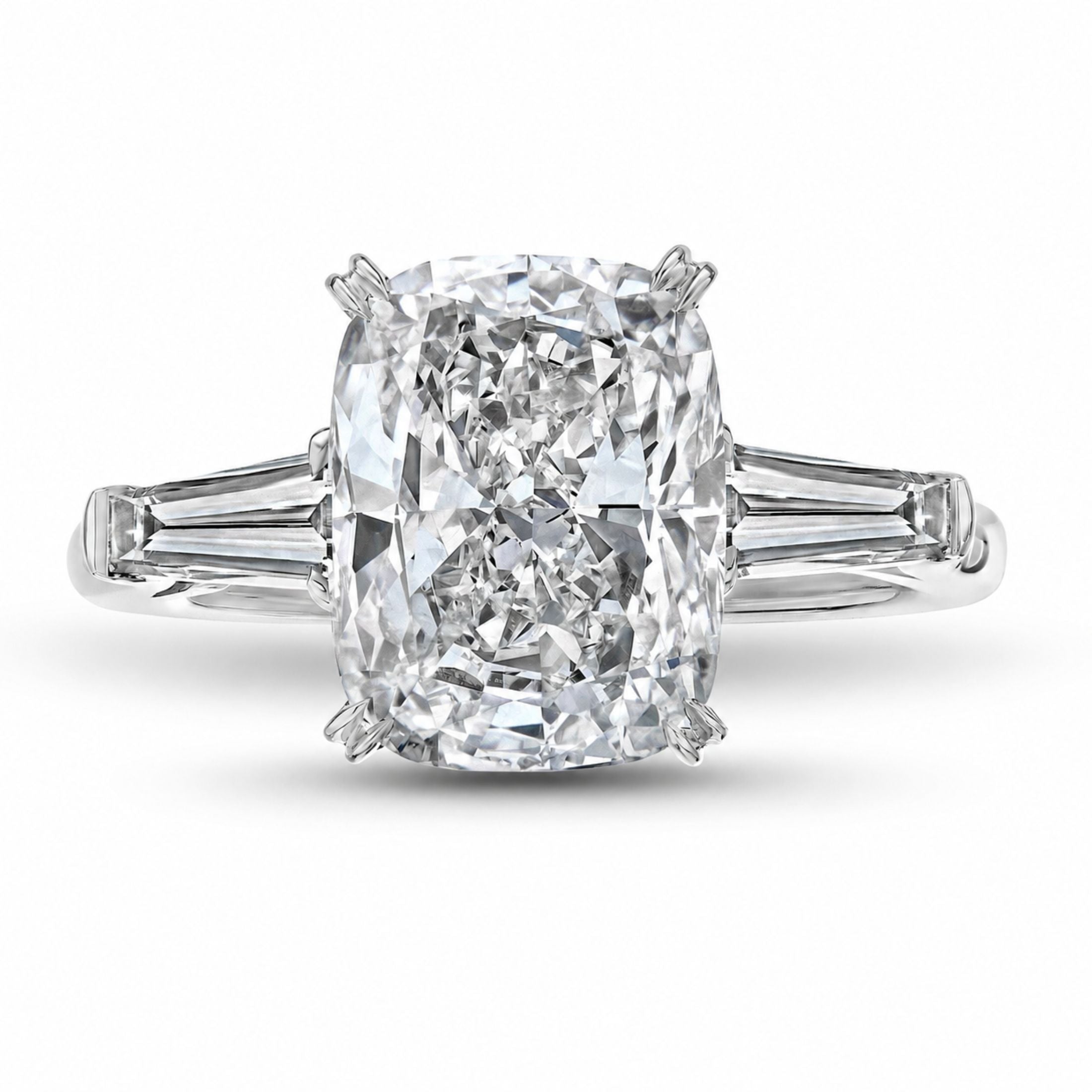 Beynac 5.58 Carat Cushion Cut Diamond Ring with Tapered Baguettes in Platinum
